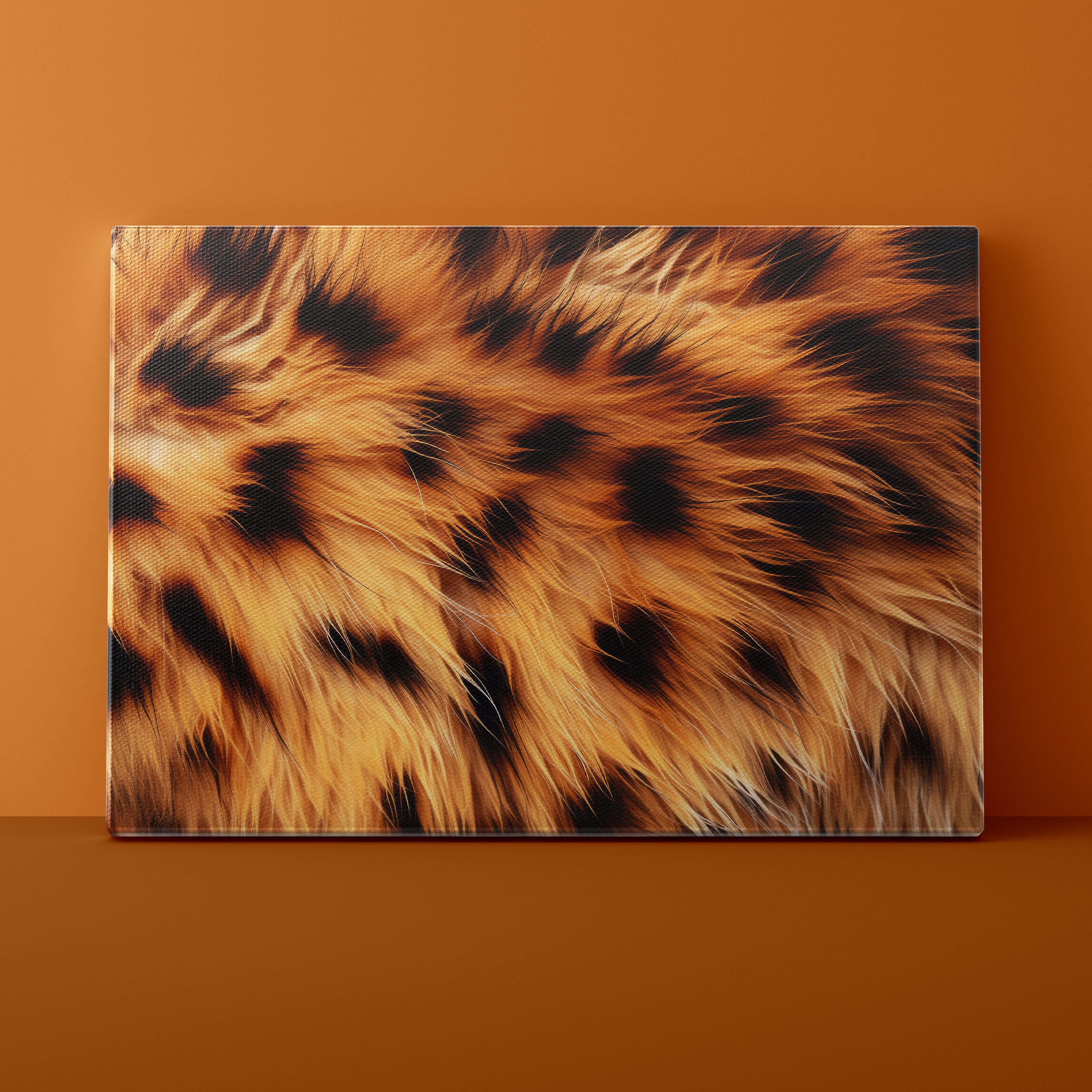 Leopard print pattern on a rectangular canvas against an orange wall.