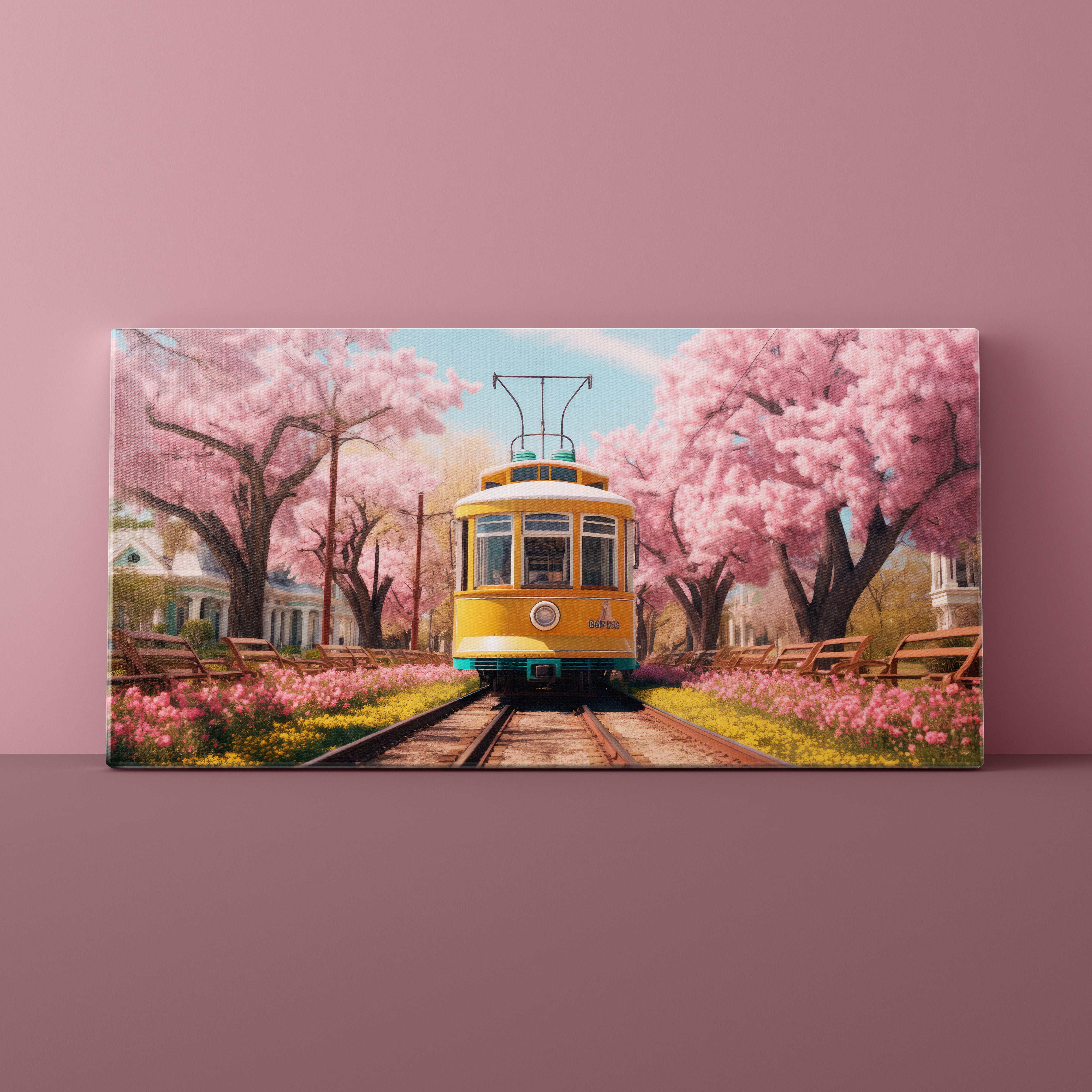 Painting of a yellow tram on tracks with cherry blossom trees on either side against a pink wall.