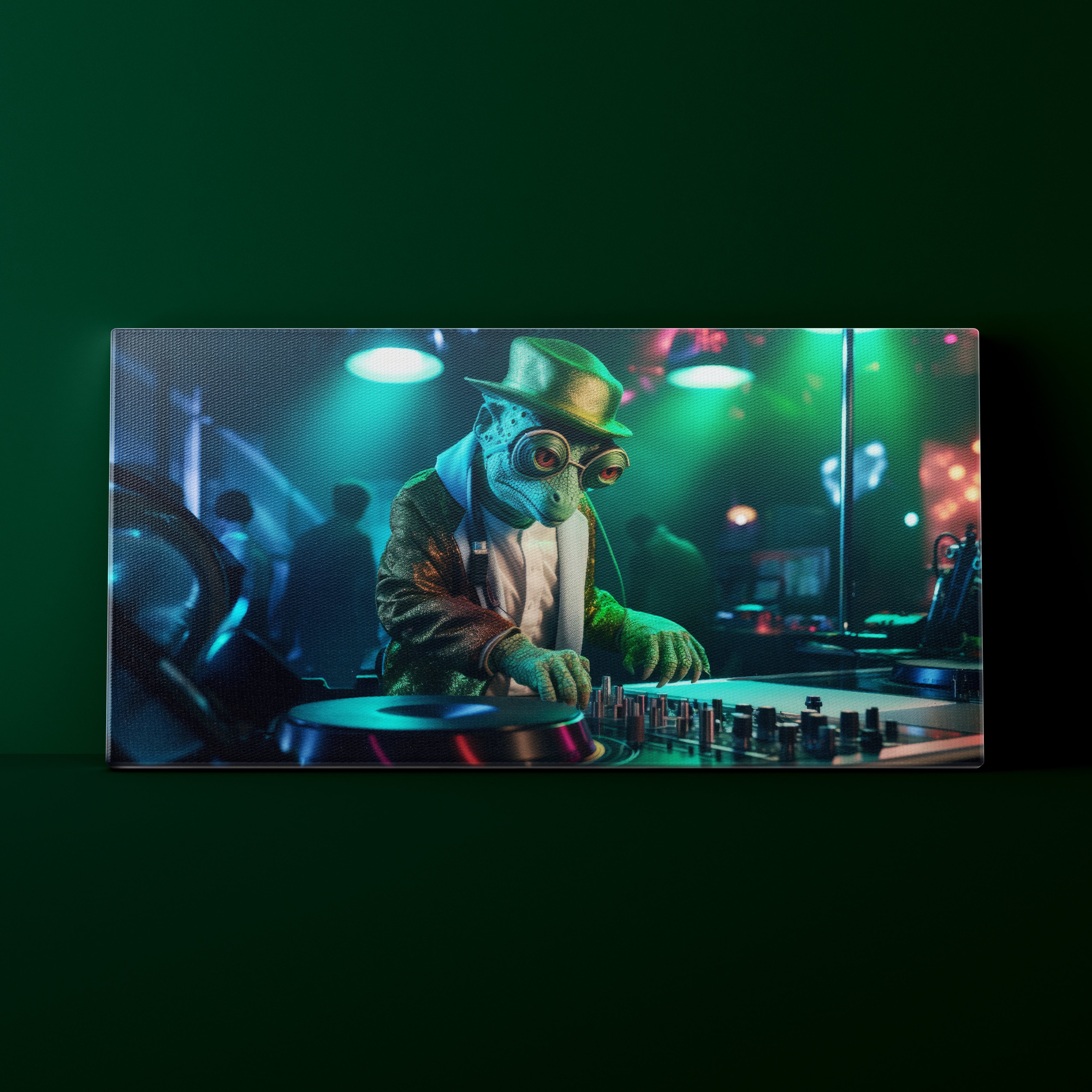 Person in a green dinosaur costume with top hat and goggles operating DJ equipment in a club setting.
