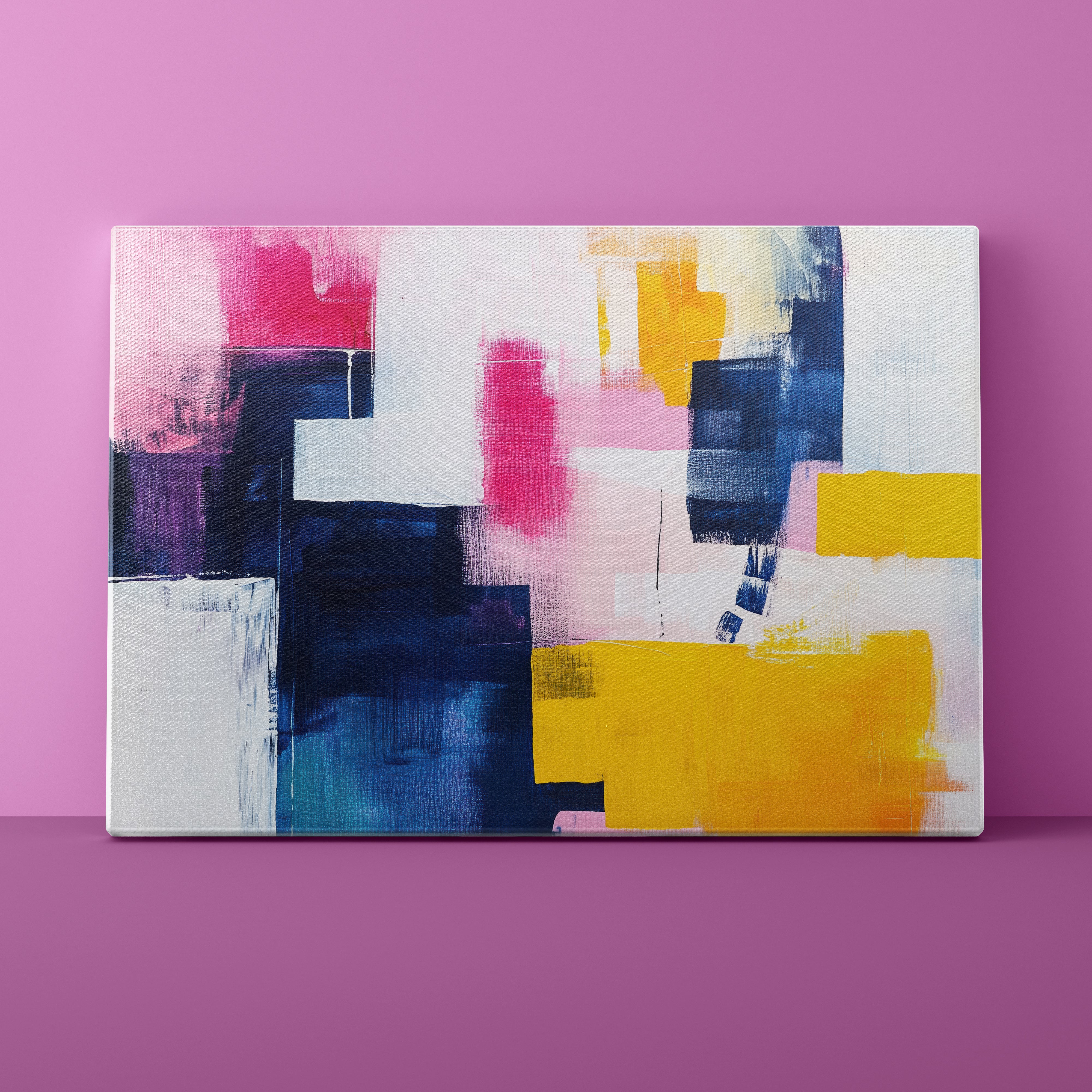 Abstract art canvas with pink, yellow, and blue colors on a pink background