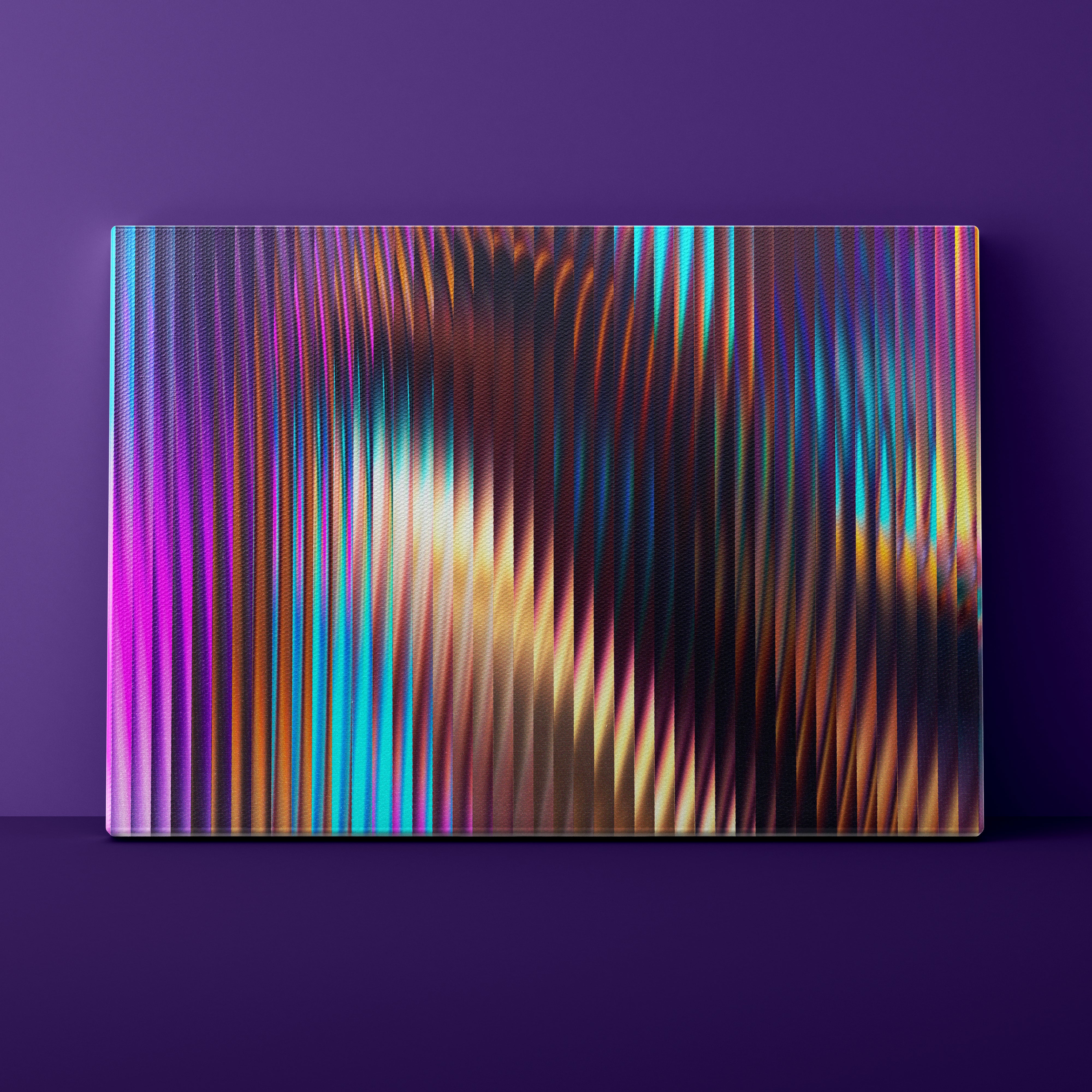 Colorful abstract pattern on a rectangular object against a purple background