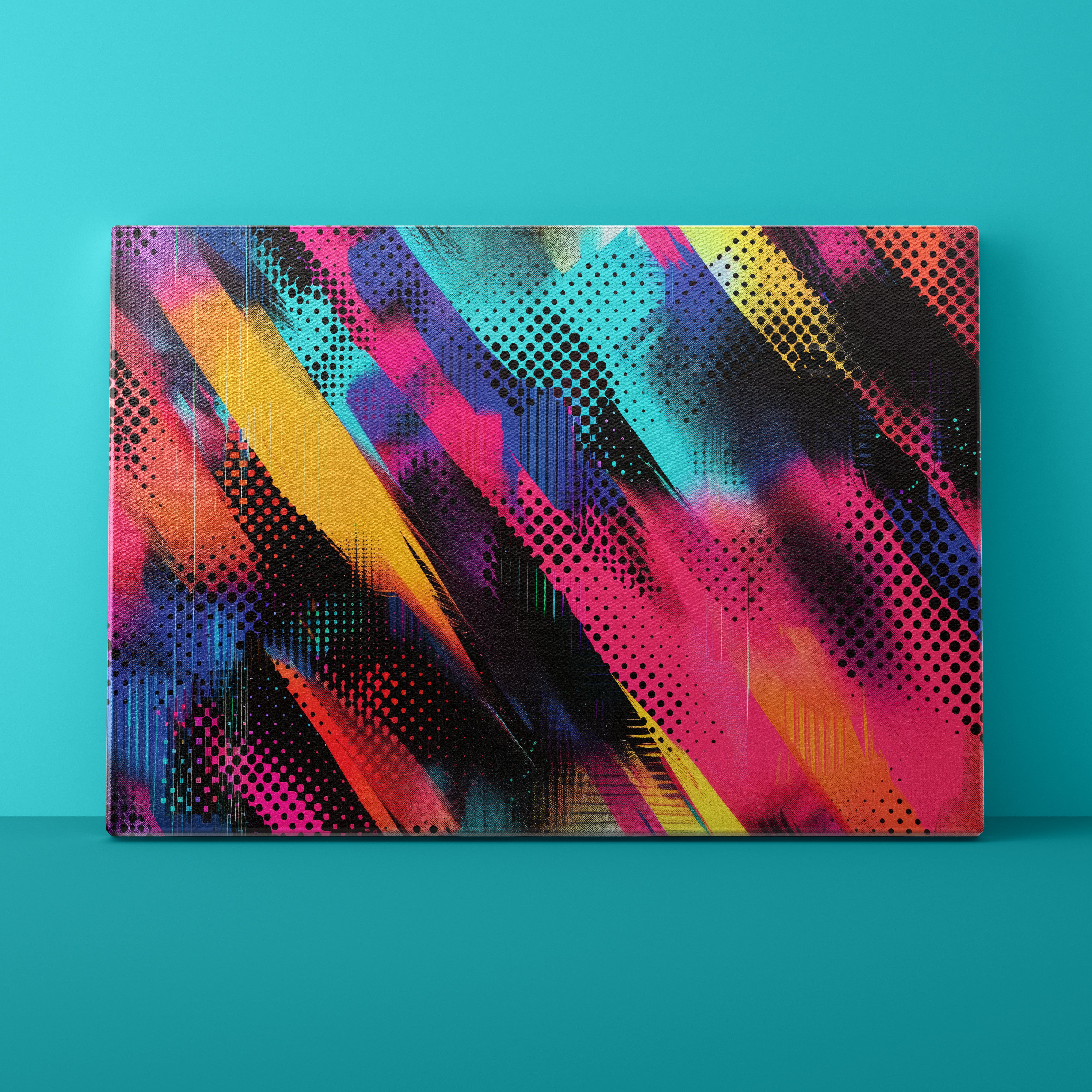 Colorful abstract design on a rectangular canvas against a teal background