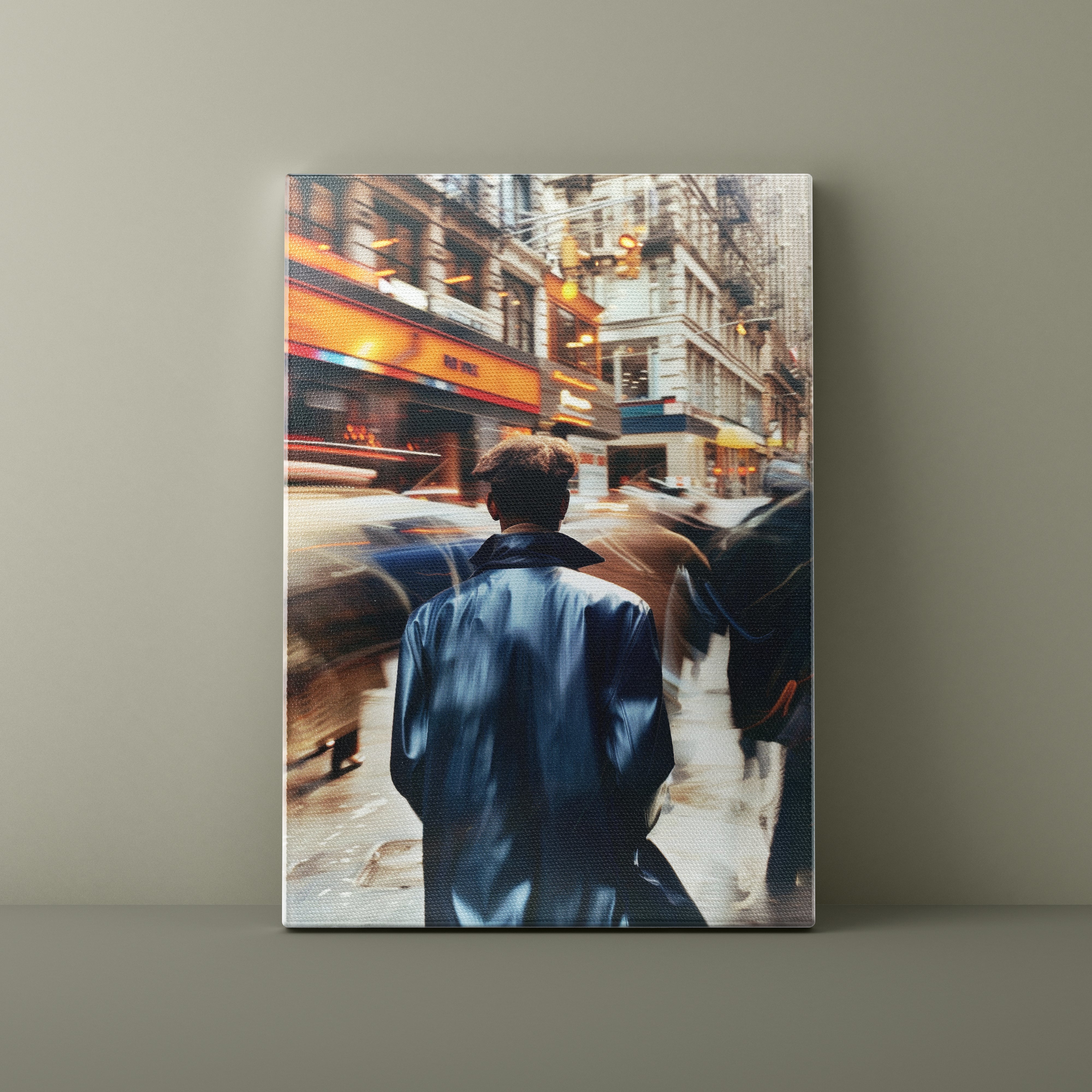 Canvas print of a city street scene with a person walking away, on a plain wall.
