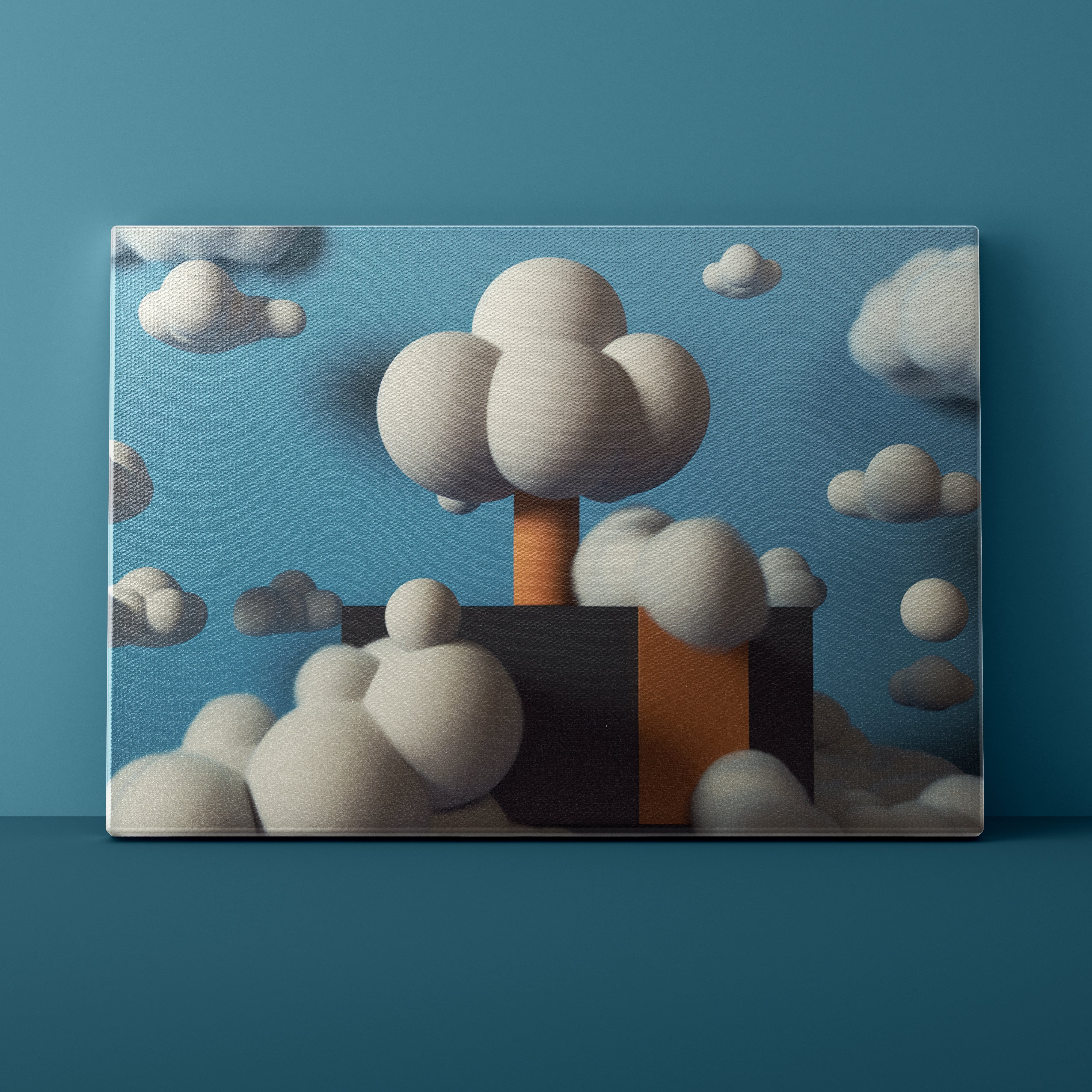 Abstract art piece with geometric shapes and clouds on a blue background