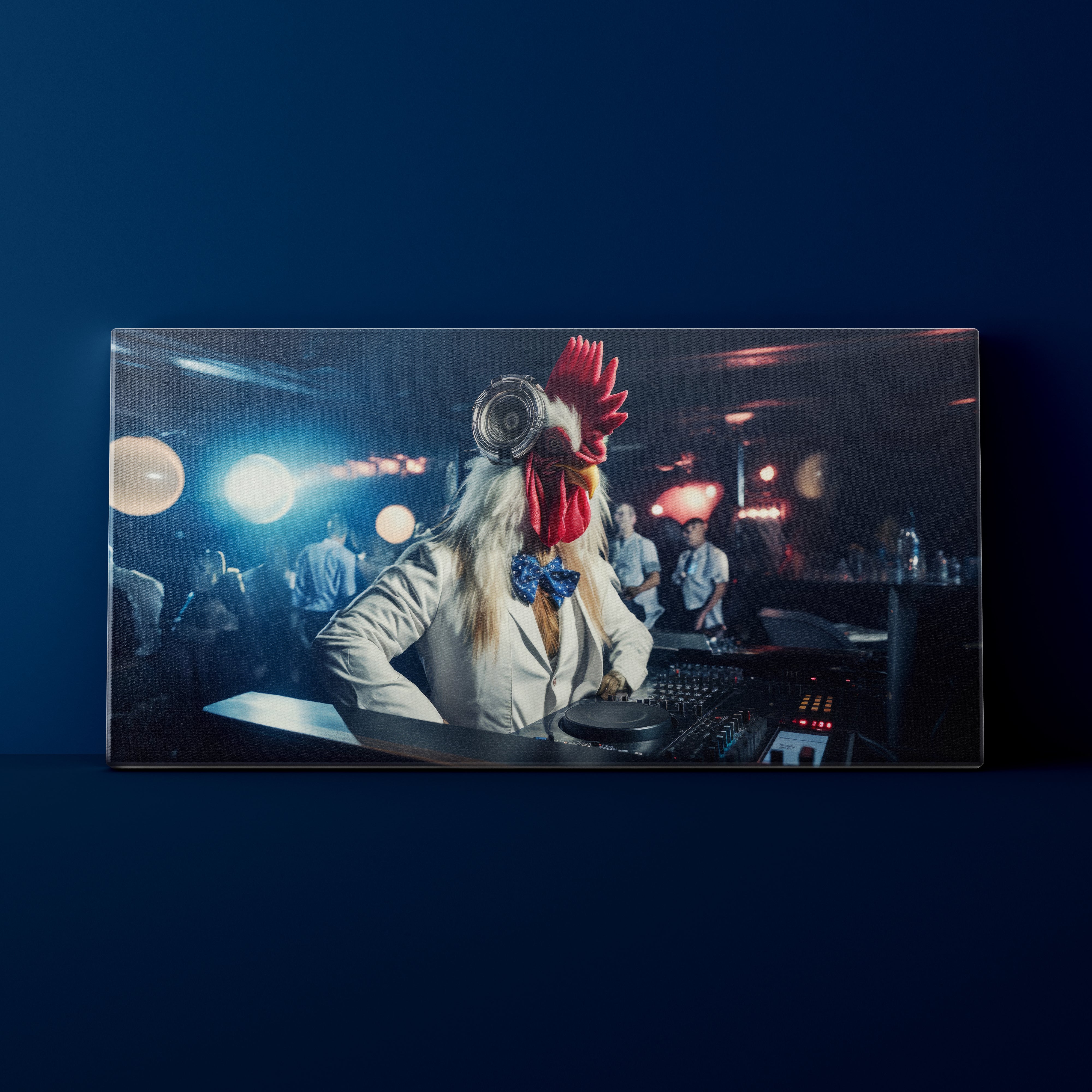 Person in a rooster costume DJing at a club with neon lights.