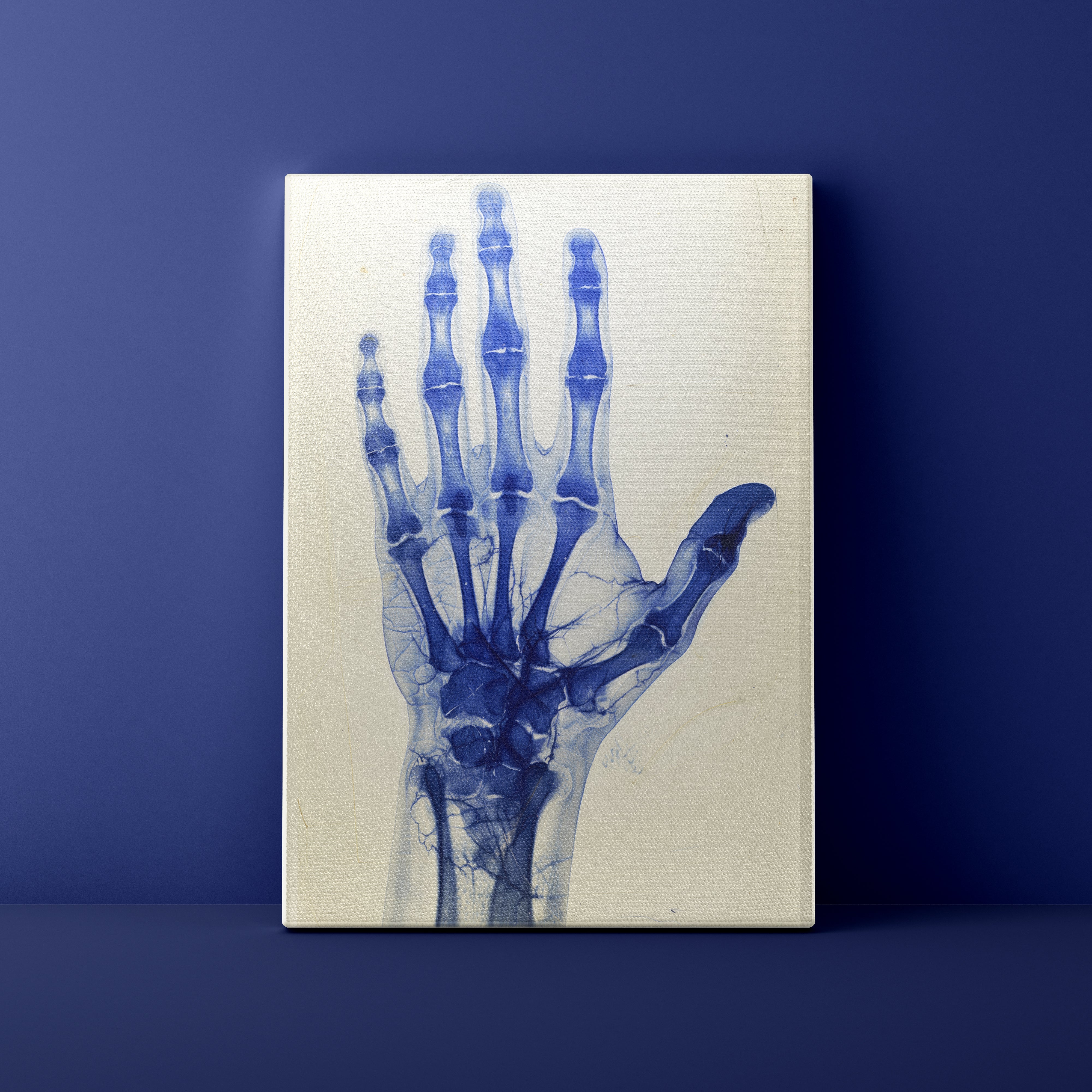 X-ray of a hand on a white background with a blue gradient