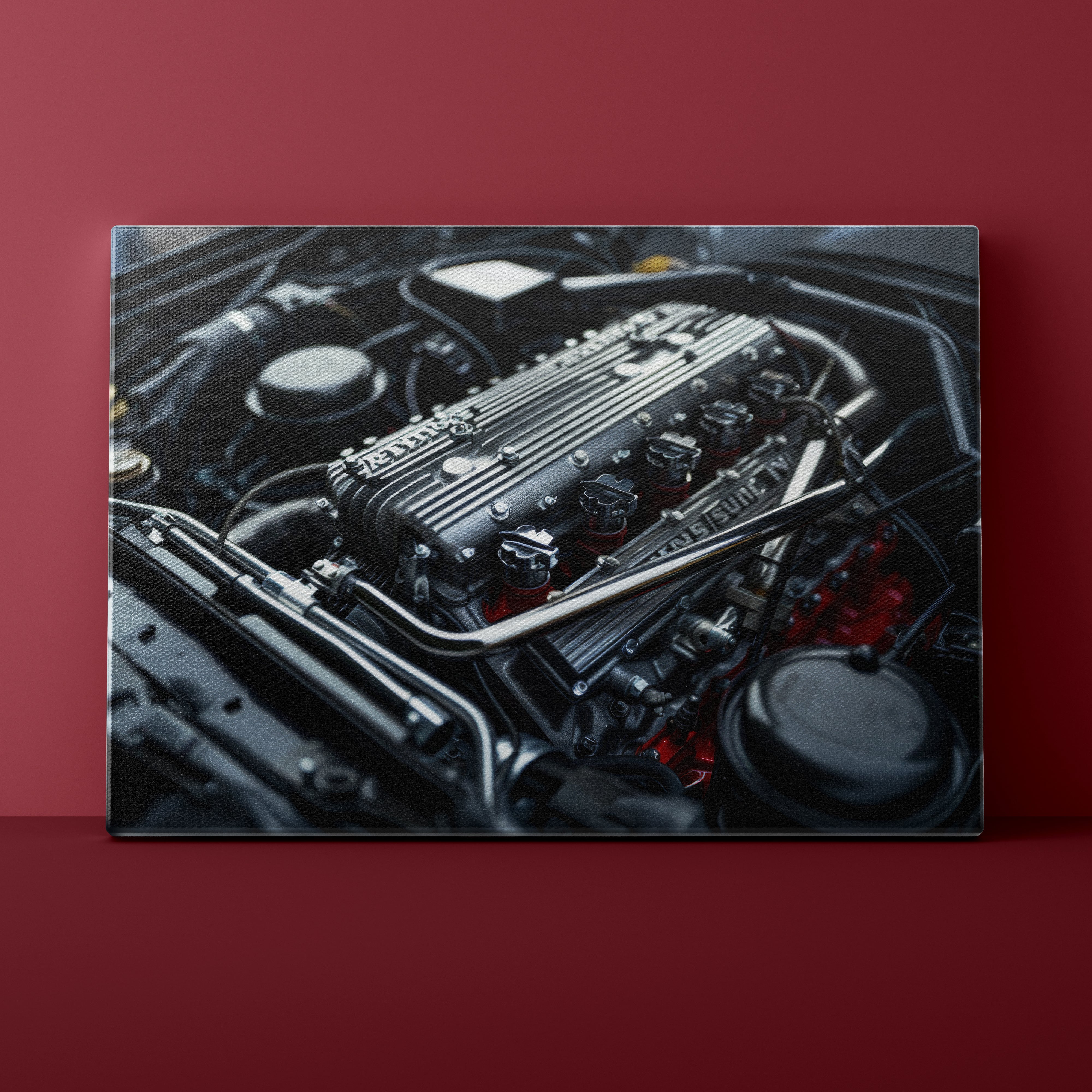 Close-up of a car engine on a red background