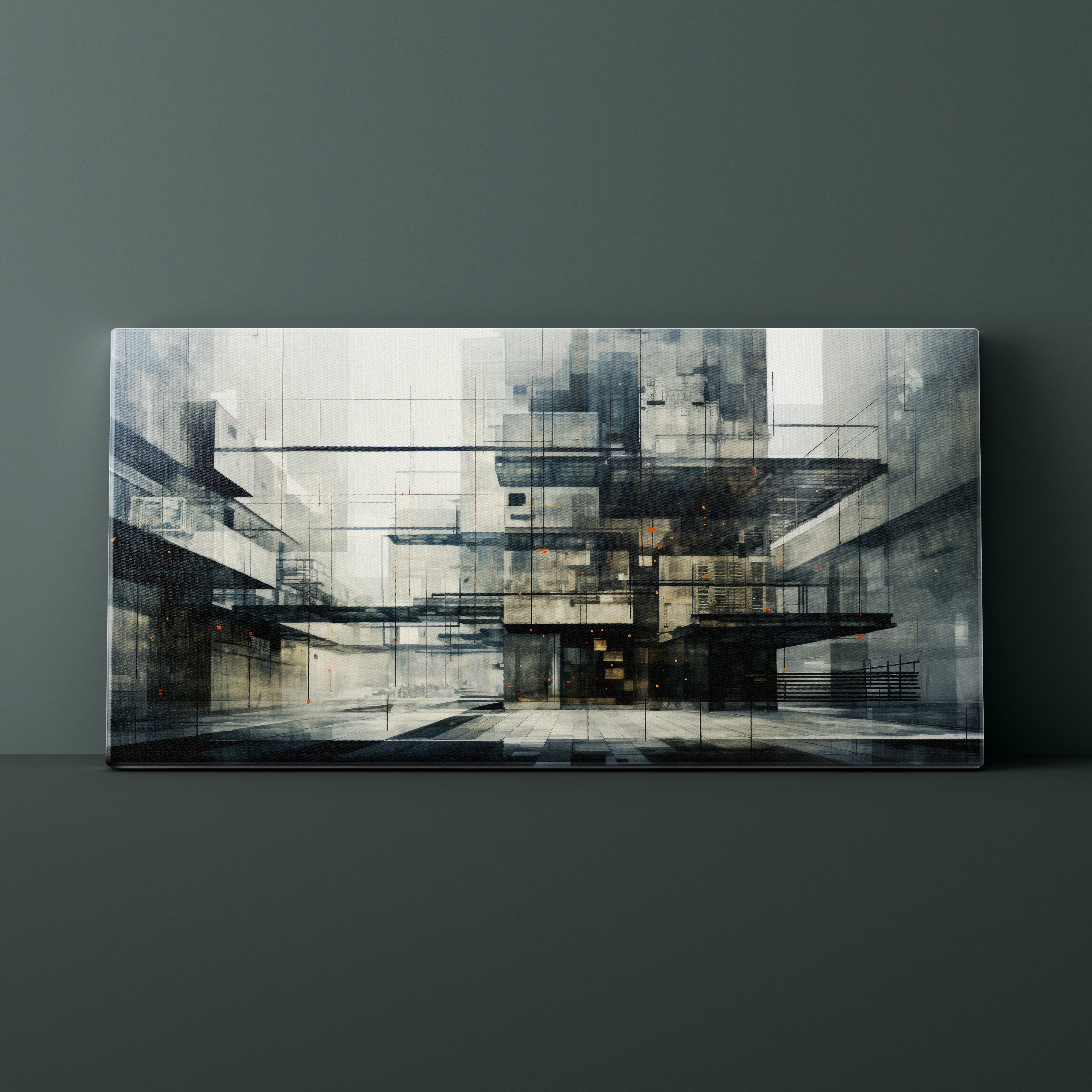 Abstract architectural artwork on a dark gray wall