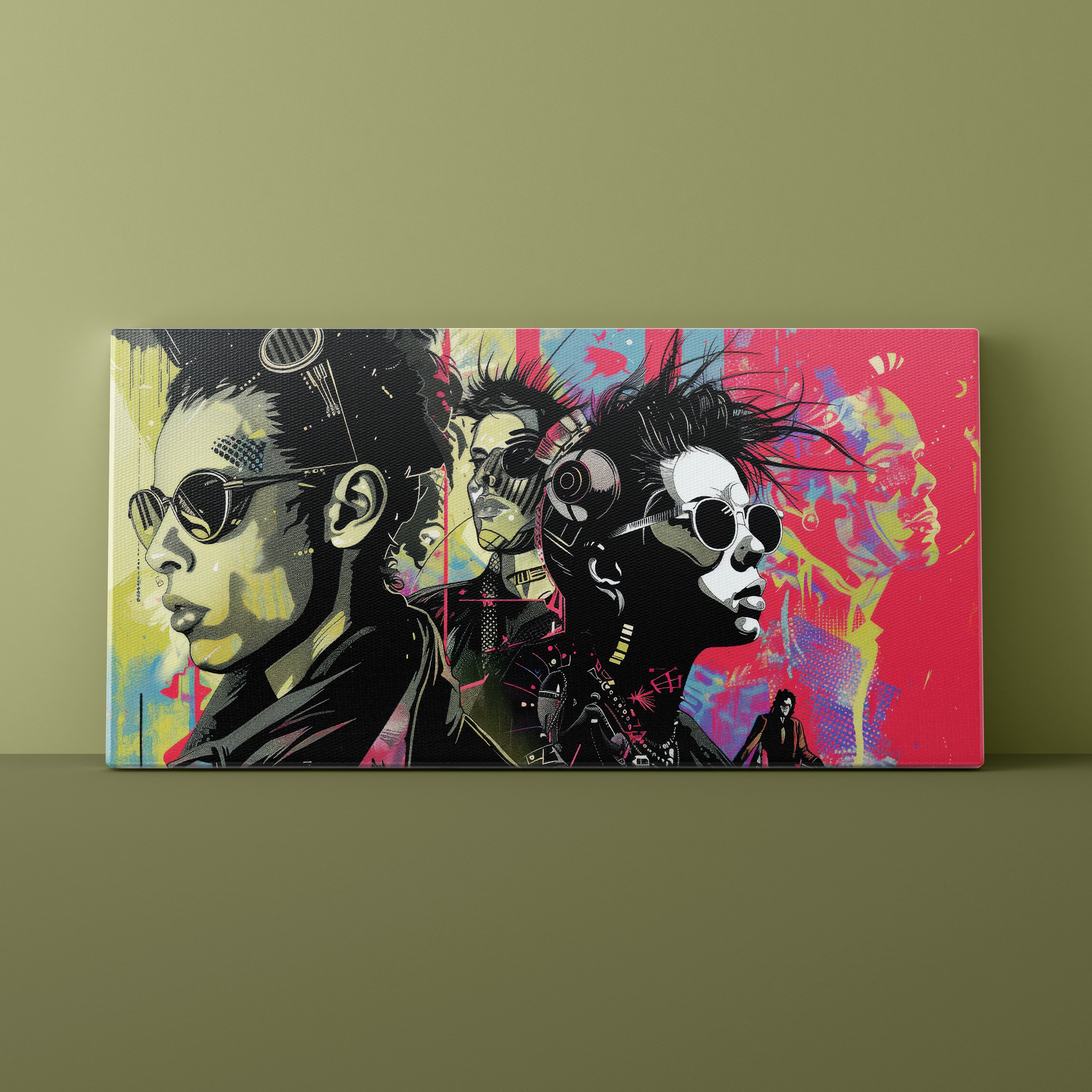 Colorful abstract art piece with stylized faces on a green wall