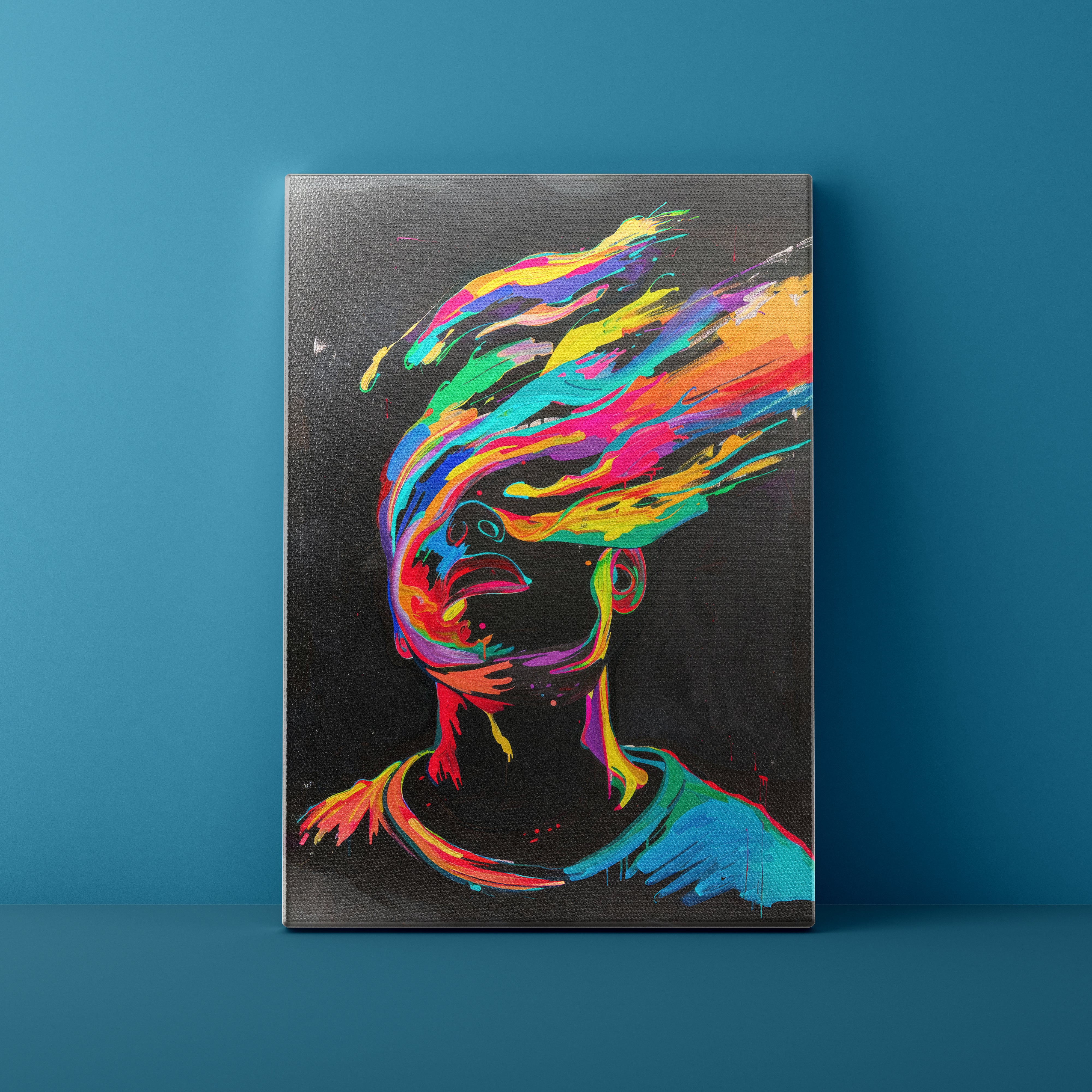 Colorful abstract art piece on a black background against a blue wall