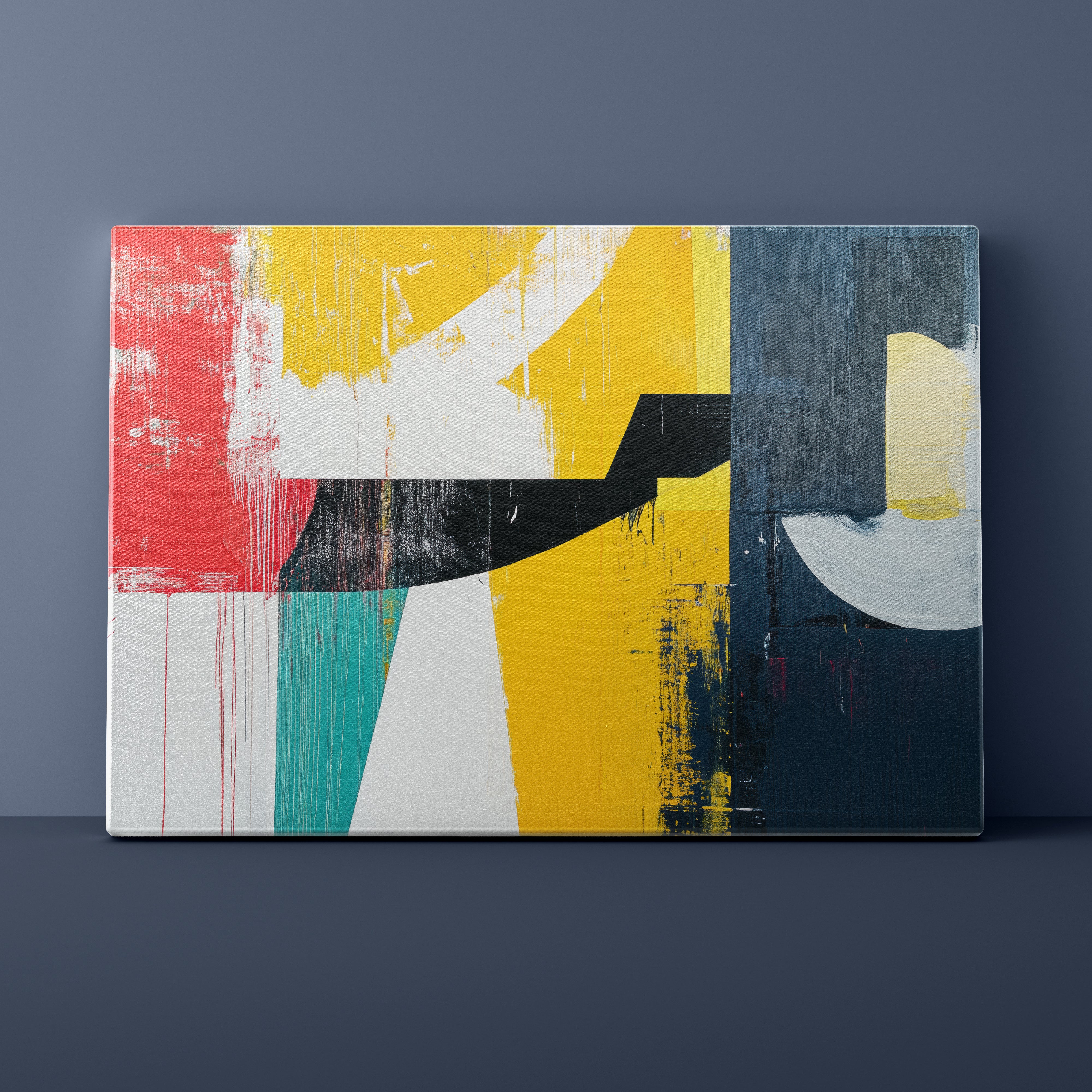 Abstract art canvas with colorful geometric shapes on a dark blue wall