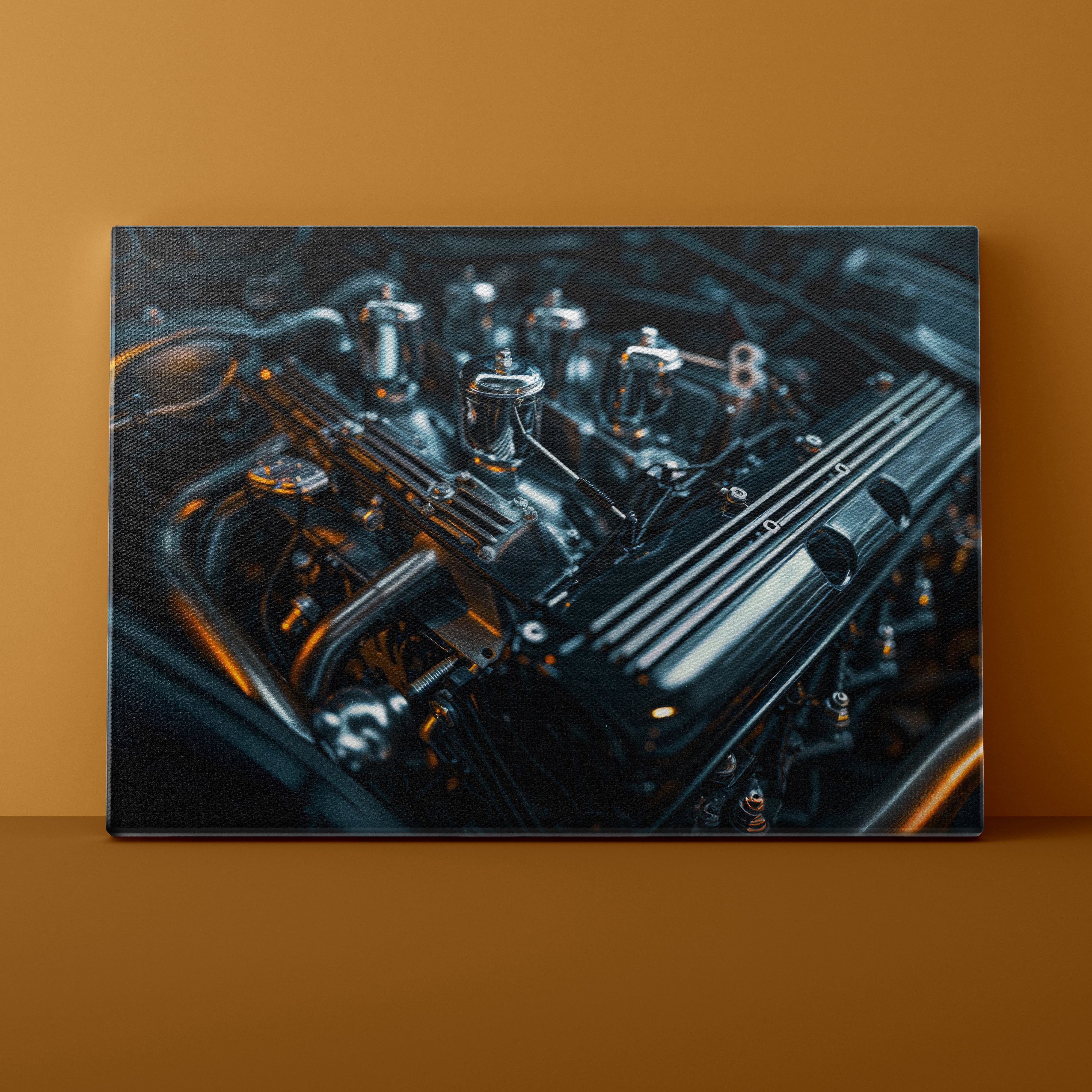 Close-up of a car engine on a brown background