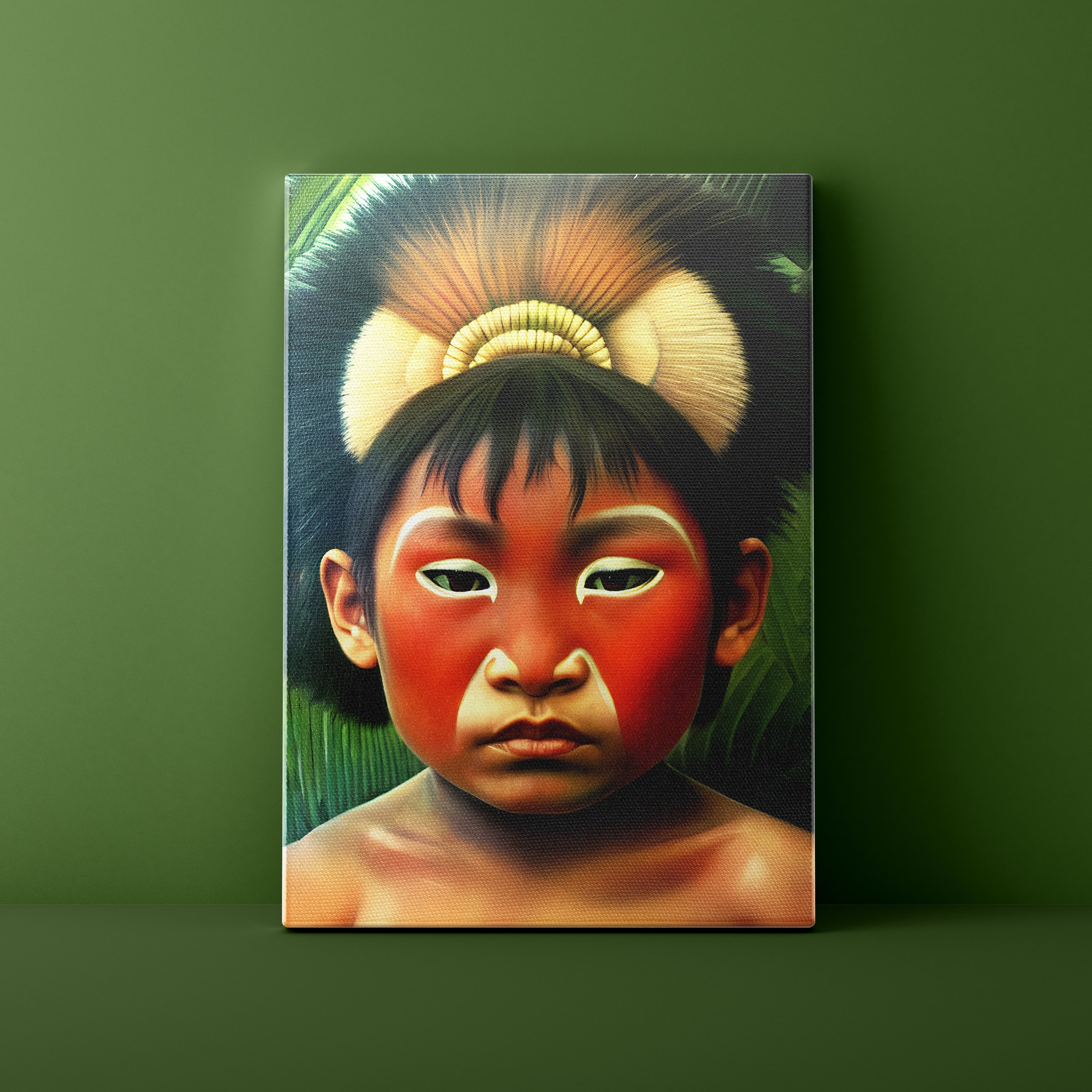 Painting of a child with traditional headpiece on a green background