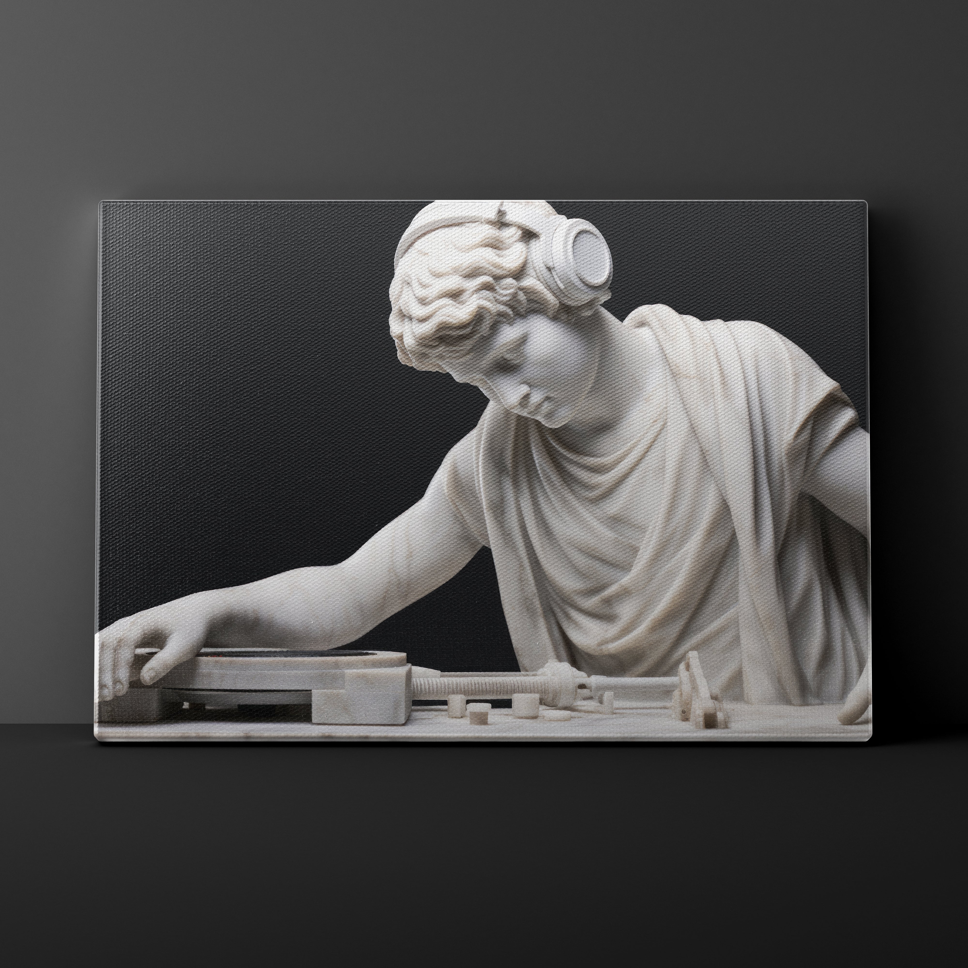 Statue of a classical figure with modern DJ equipment on a dark background