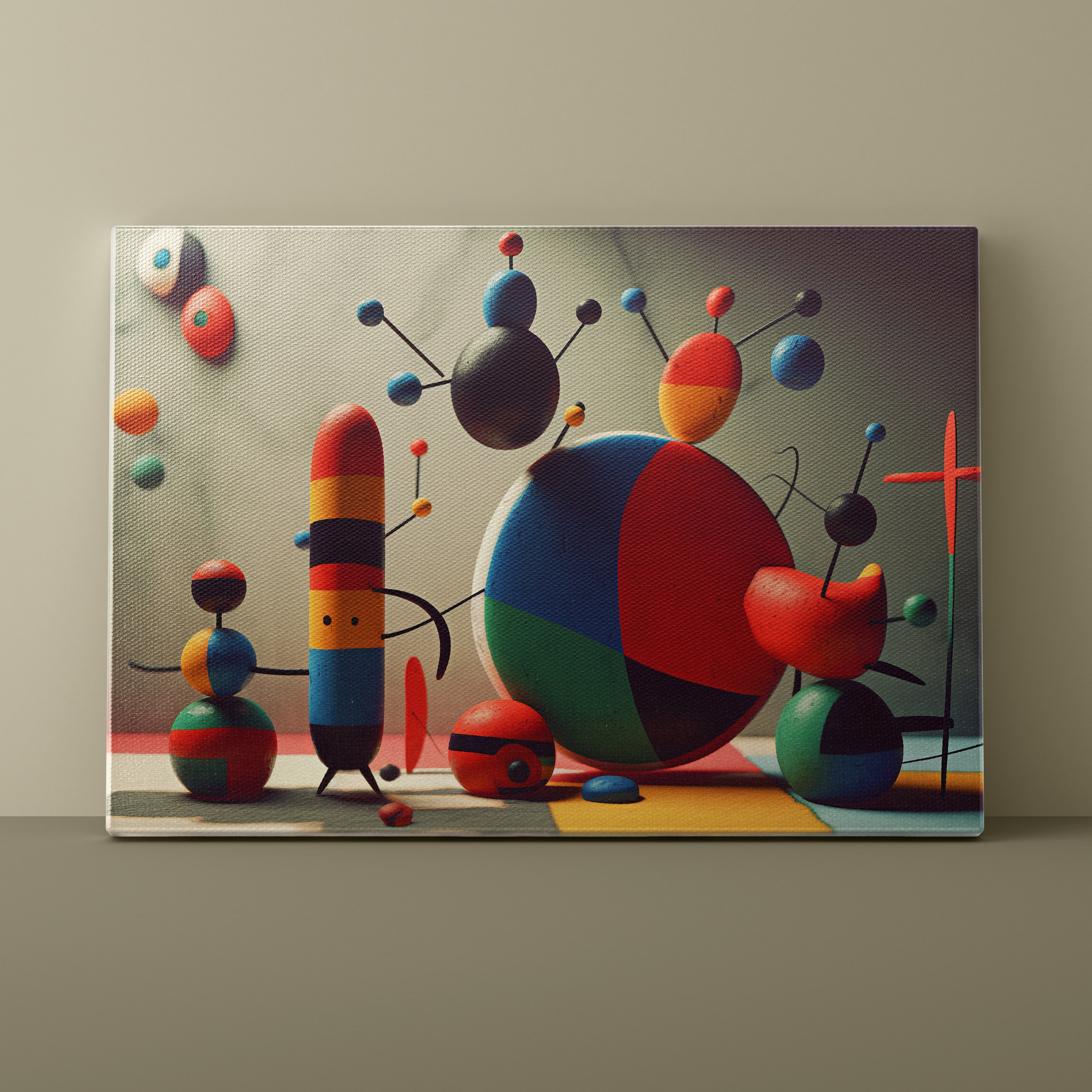 Abstract artwork with colorful geometric shapes on a gray background