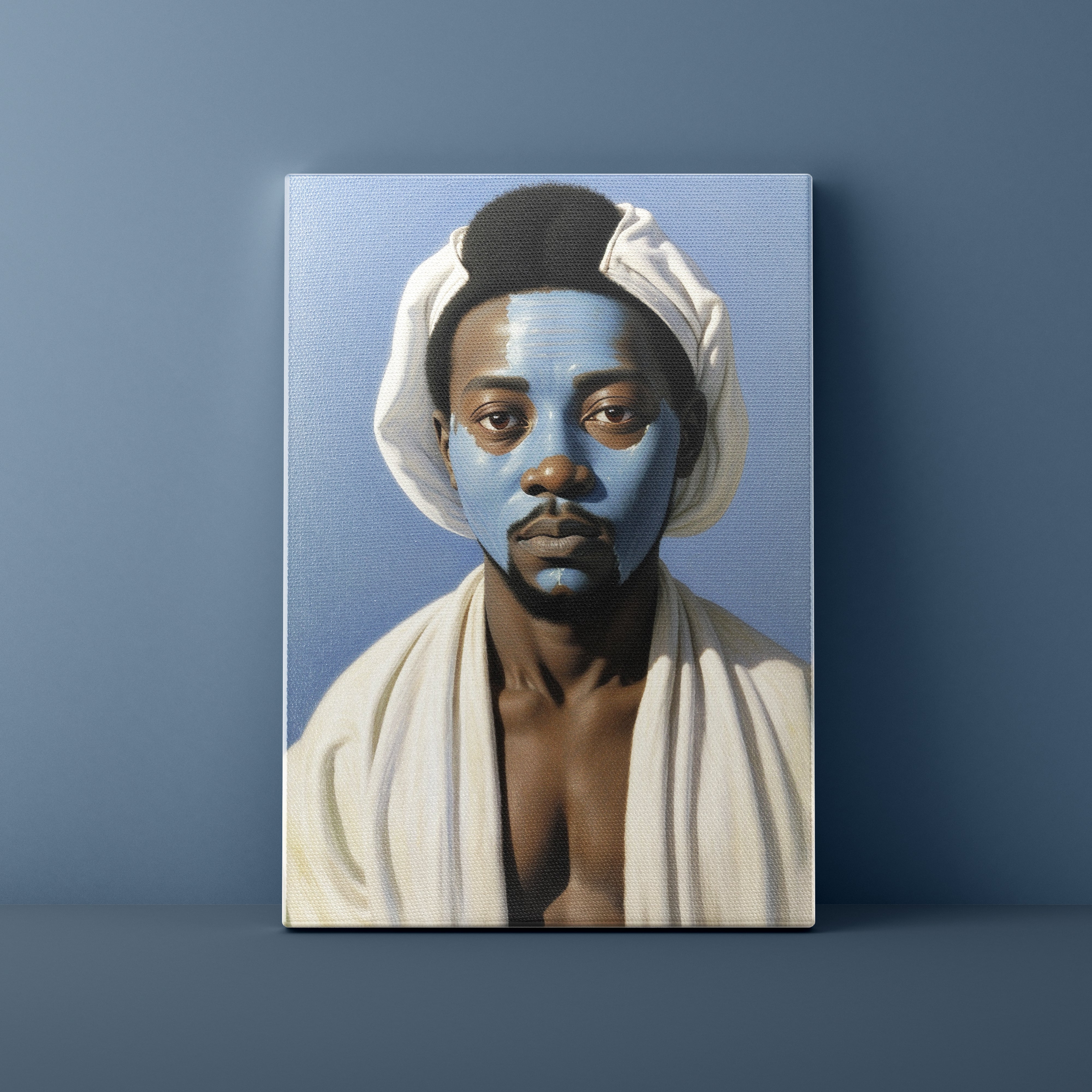 Canvas print of a person with blue face paint and white headscarf against a blue background