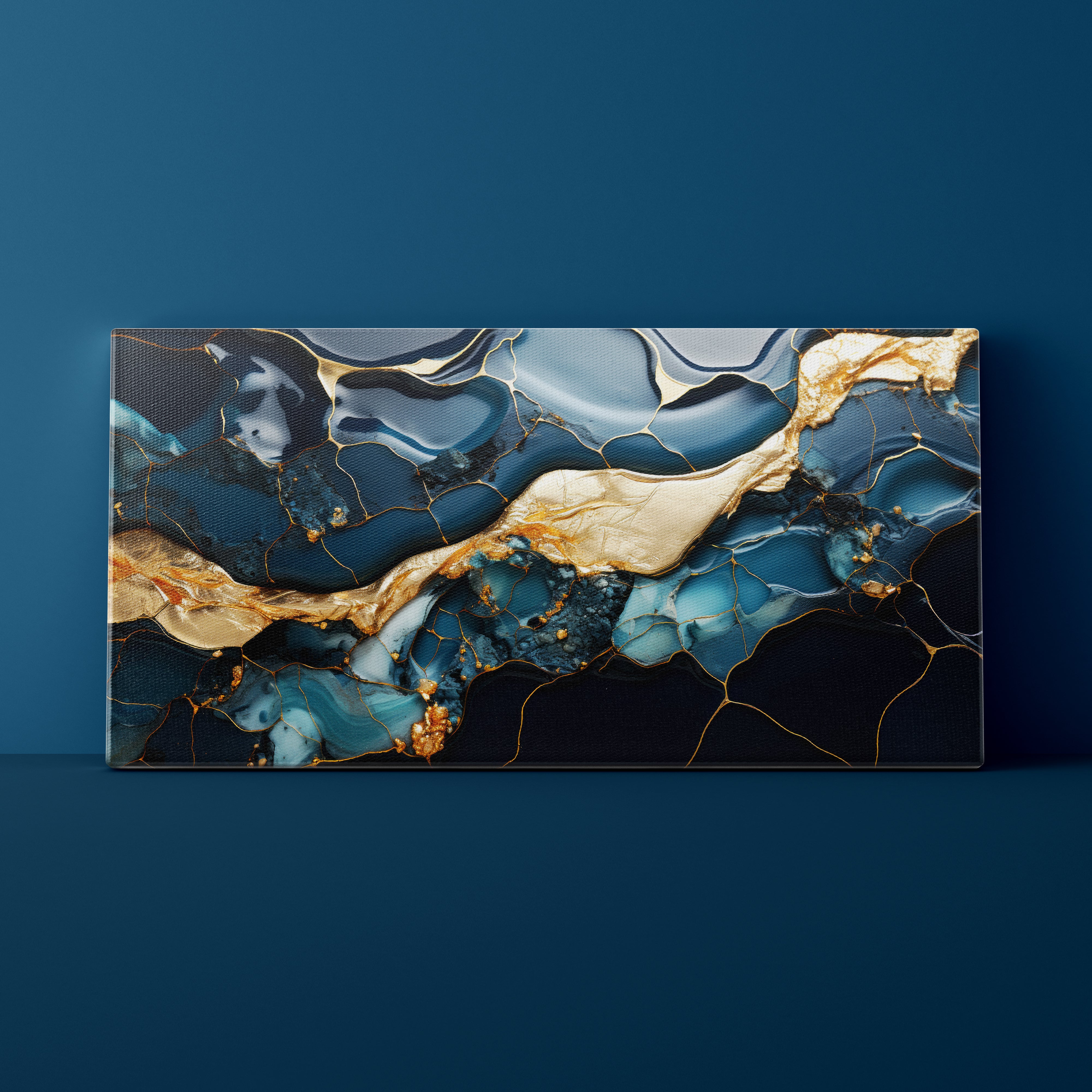 Abstract art piece with blue, gold, and black colors on a dark blue background