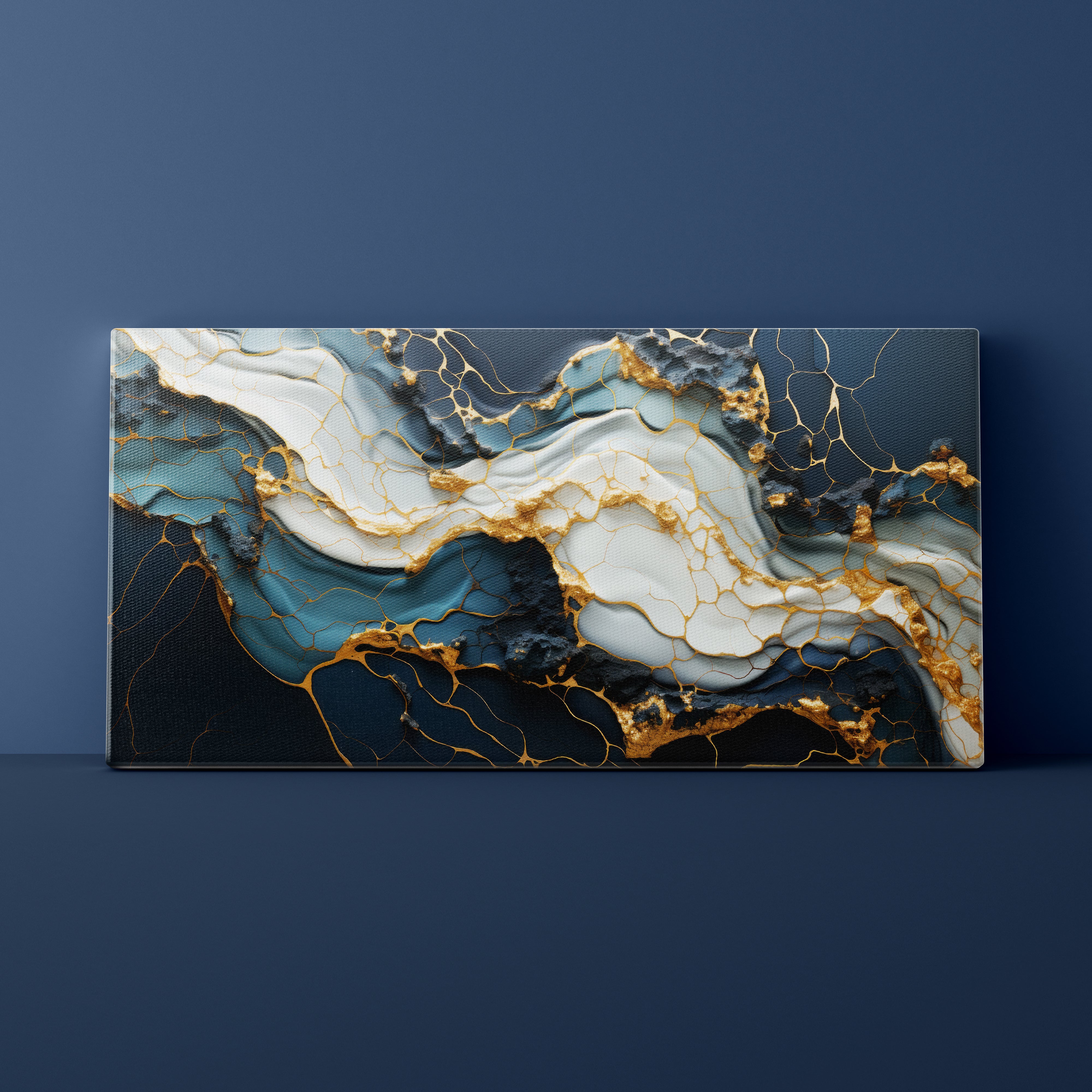 Abstract art piece with gold and blue patterns on a dark blue background