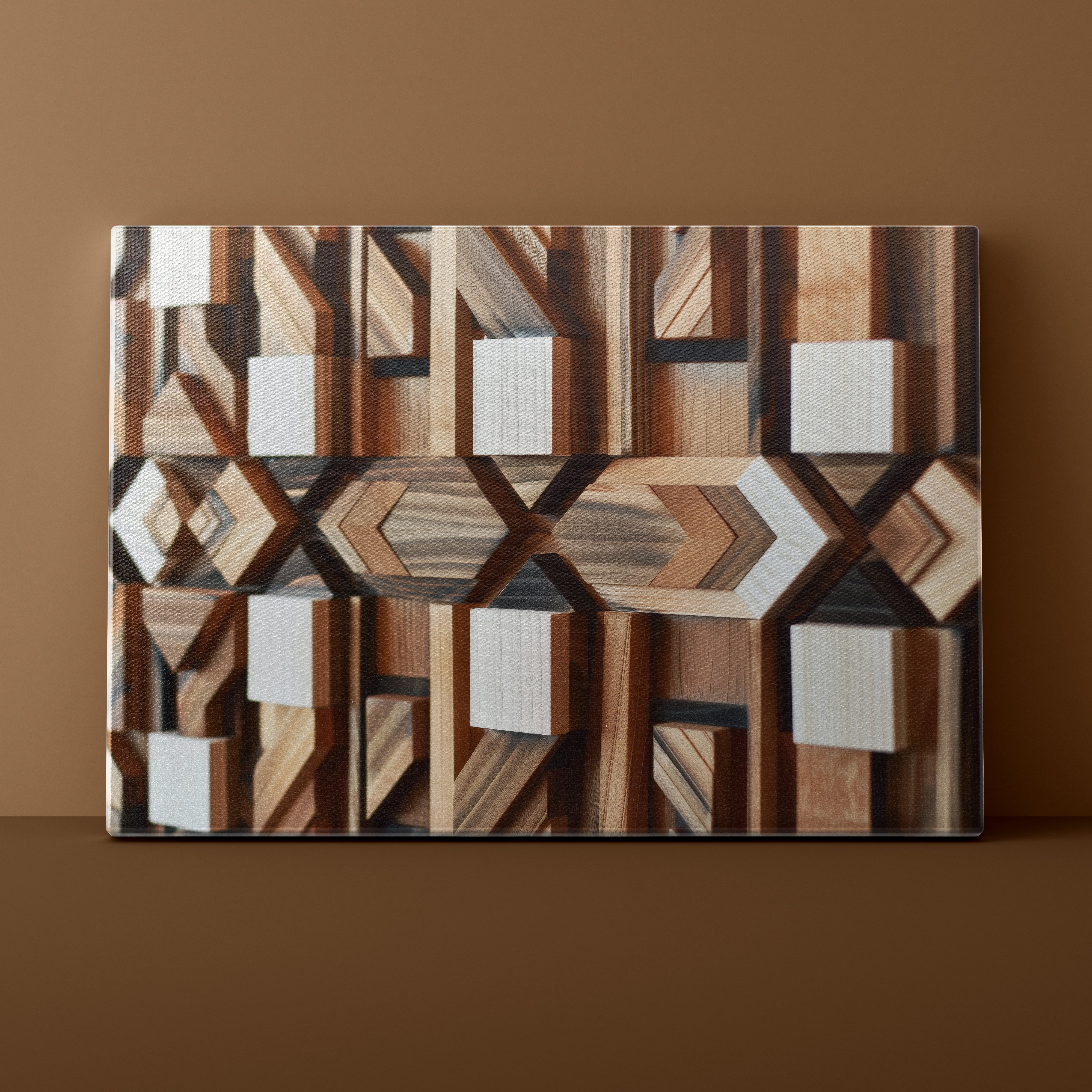 Wooden wall art with geometric pattern on a brown background