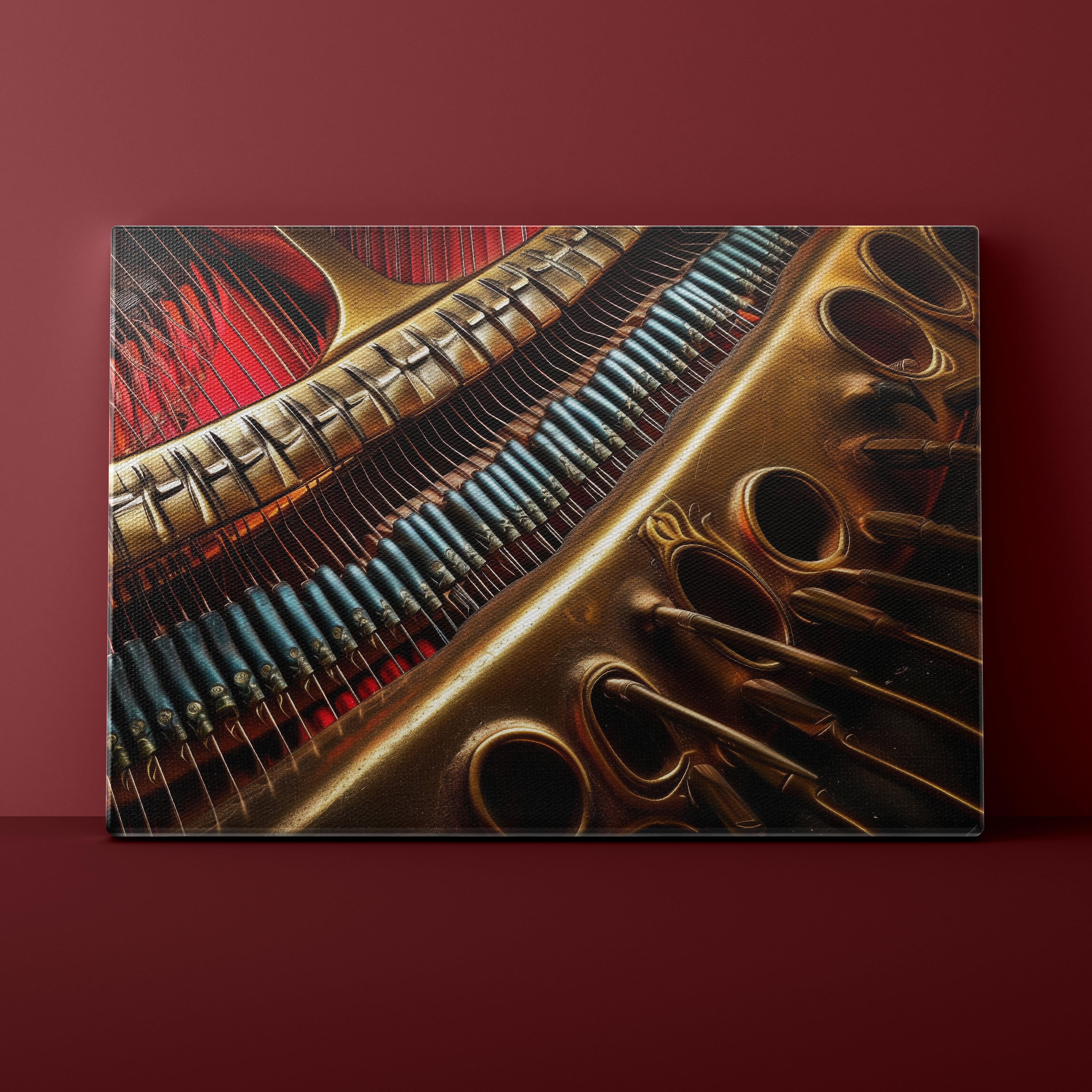 Close-up of a mechanical gear design on a red background