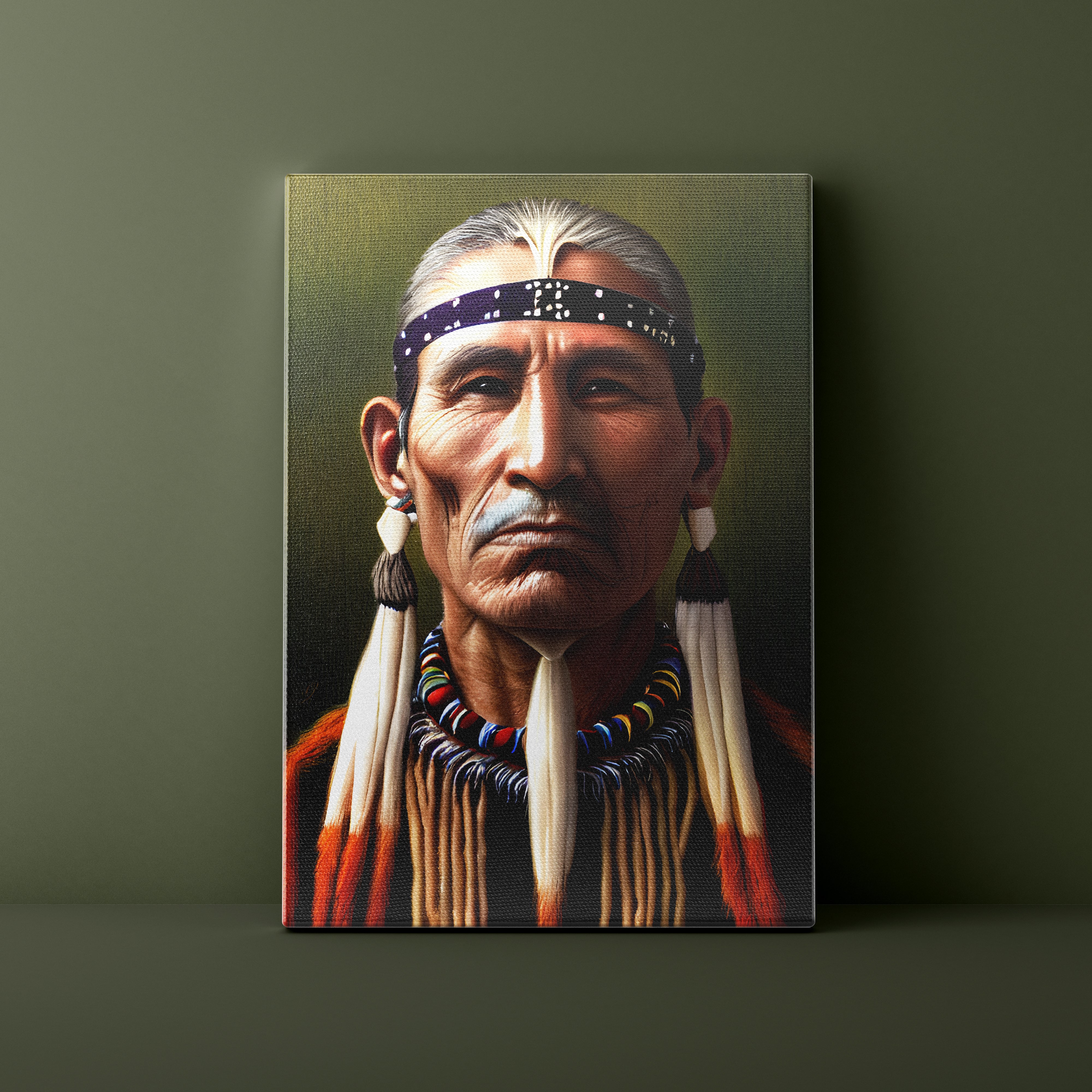 Canvas print of a Native American portrait with a dark green background