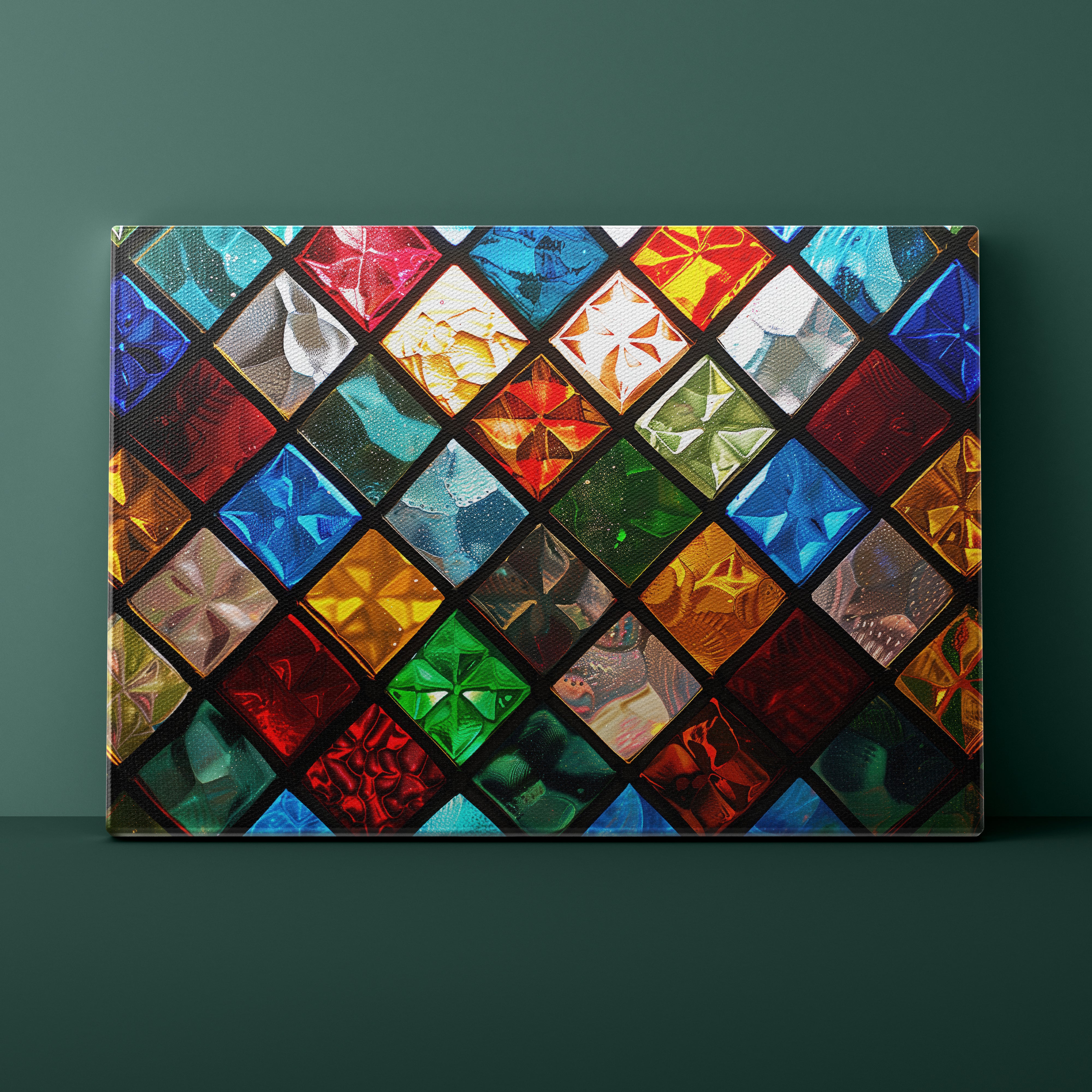 Colorful diamond pattern on a dark green background