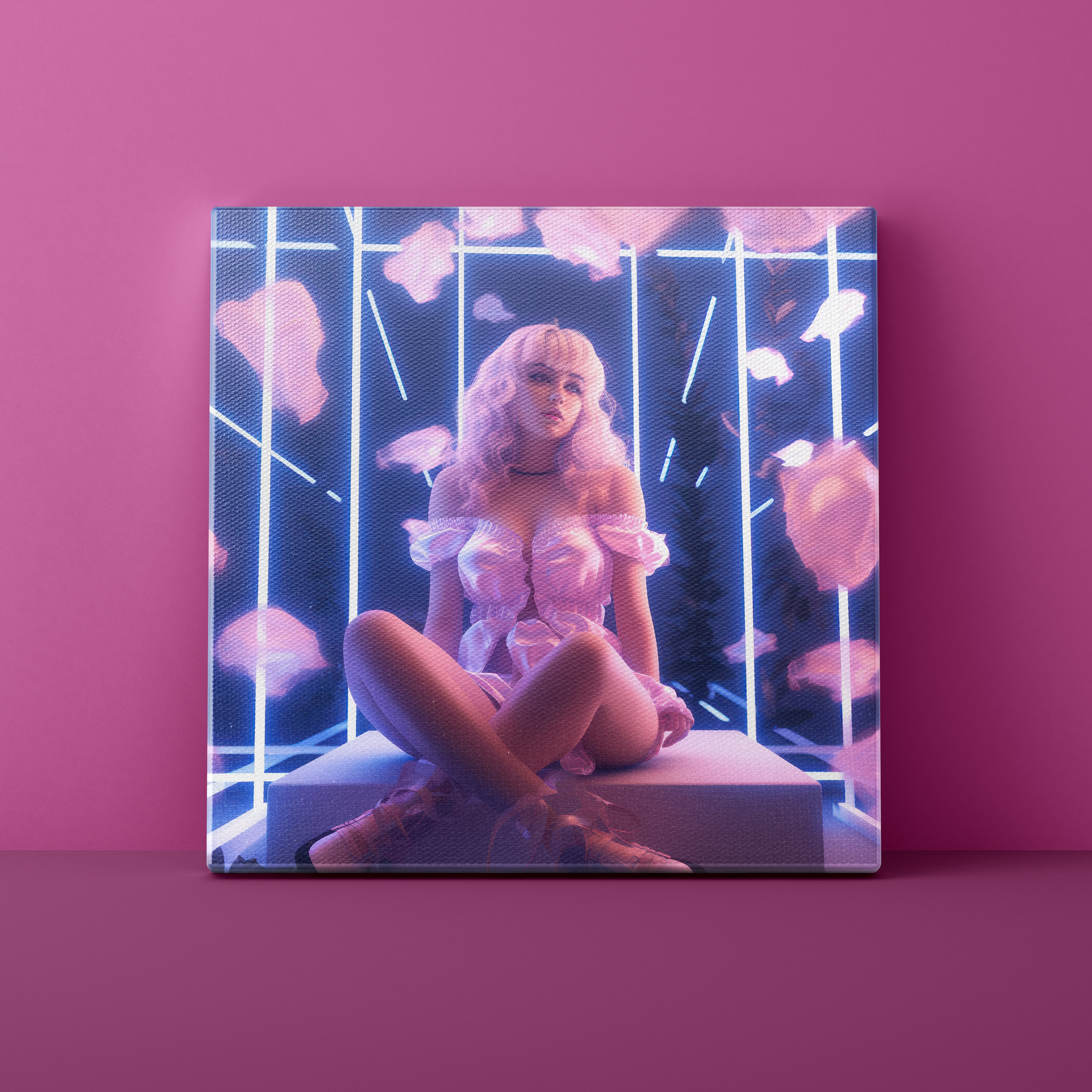 Canvas print of a woman in a pink outfit with neon lights and floating flowers on a pink background