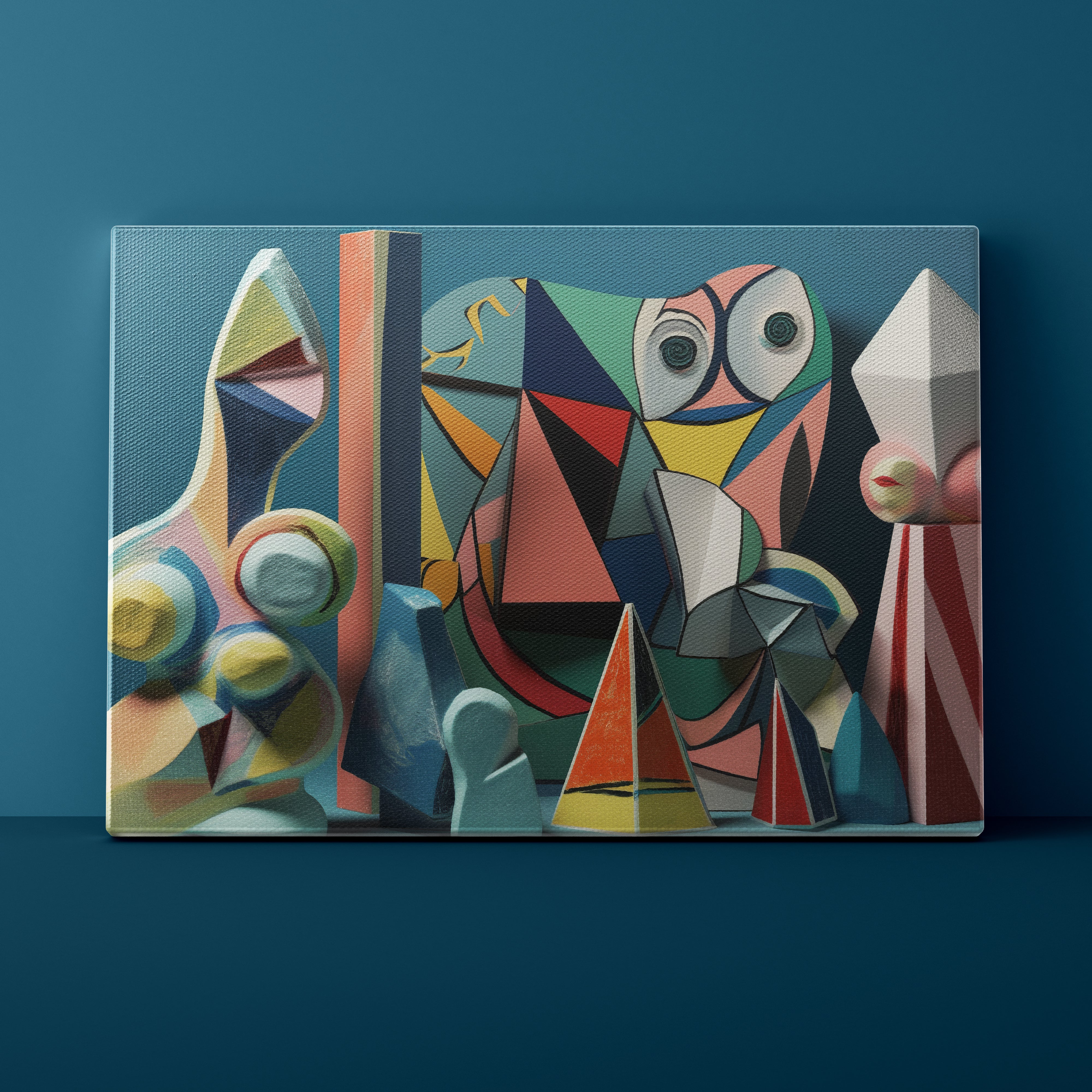 Abstract art piece with geometric shapes on a dark blue background