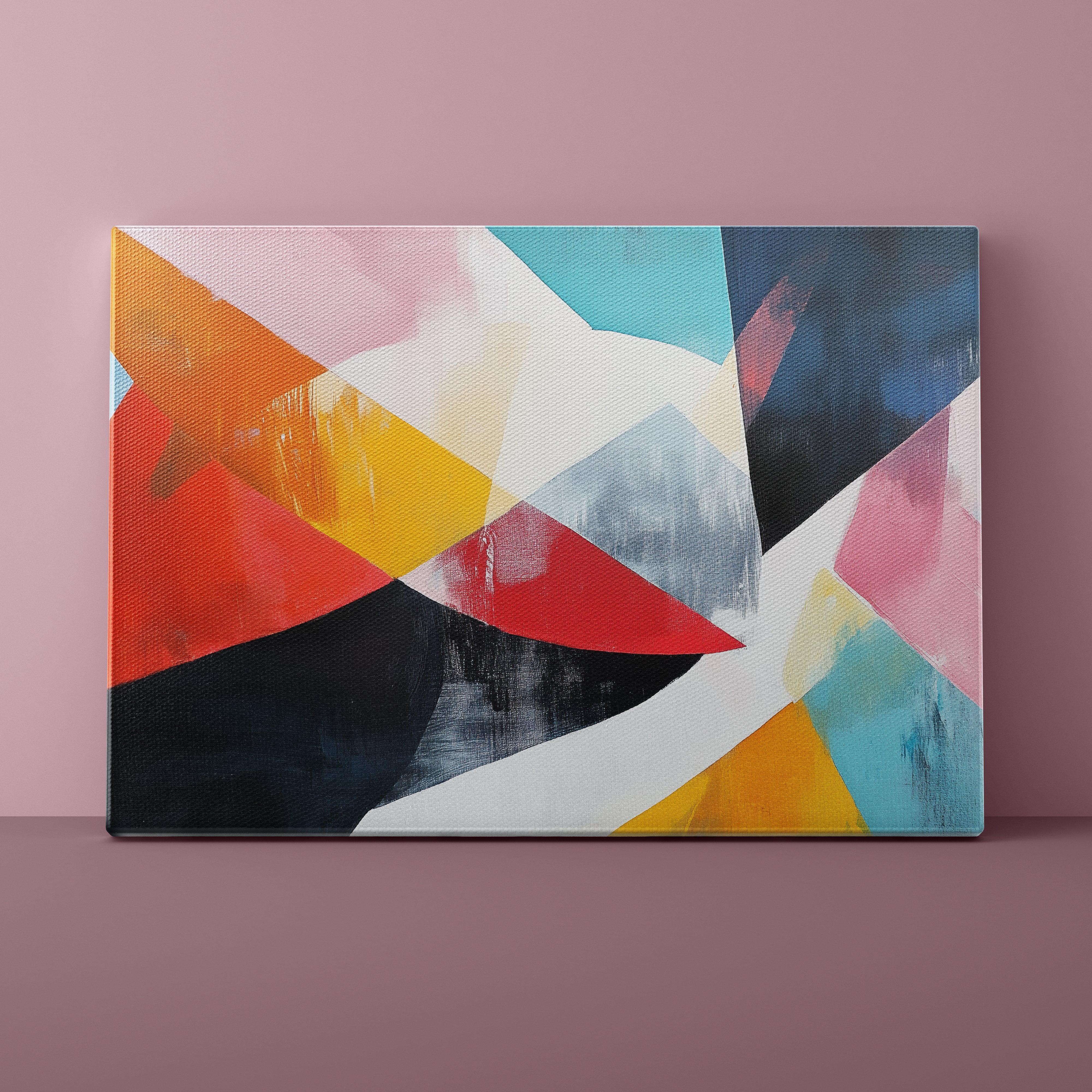 Abstract art painting with geometric shapes on a pink wall