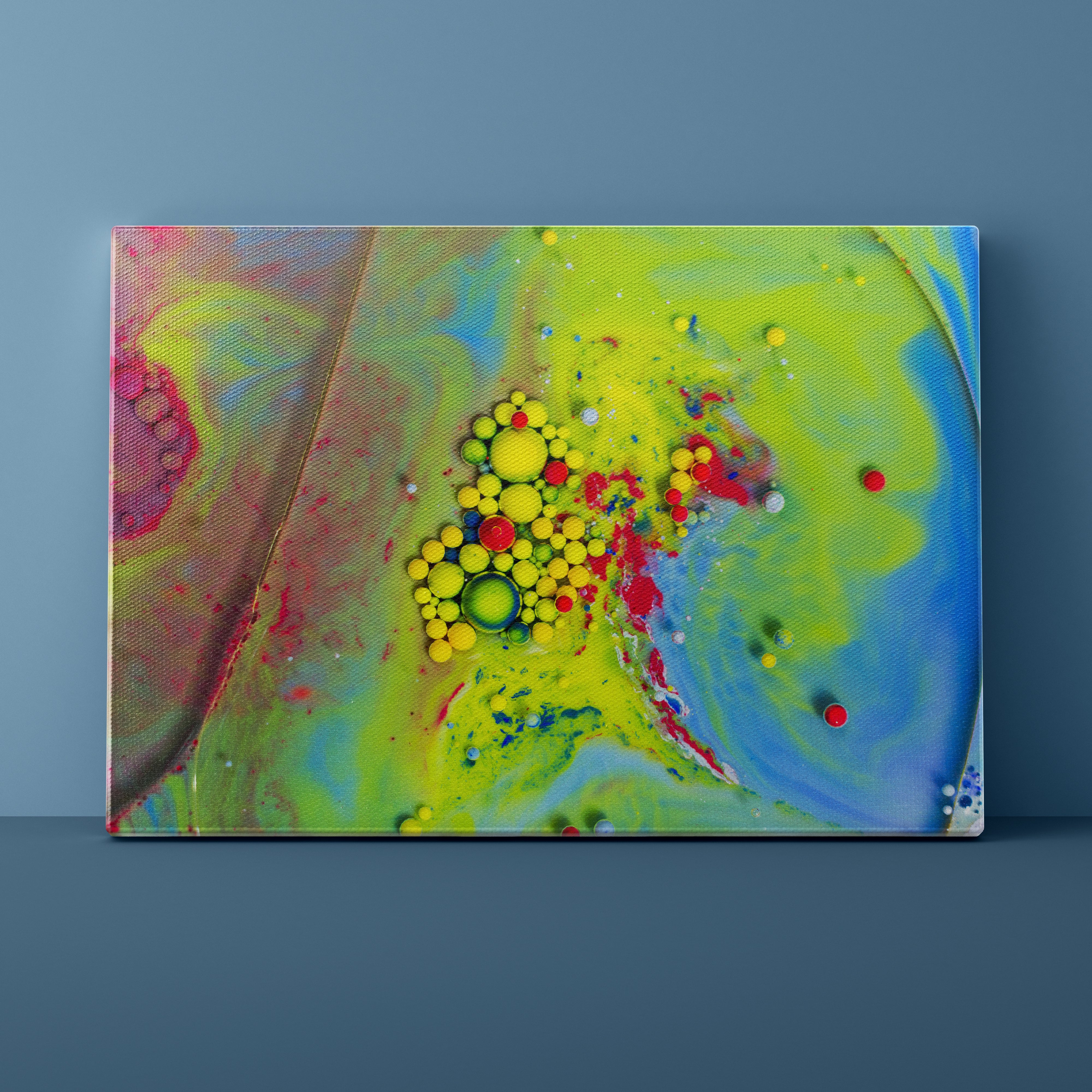 Colorful abstract painting with vibrant colors on a dark blue background