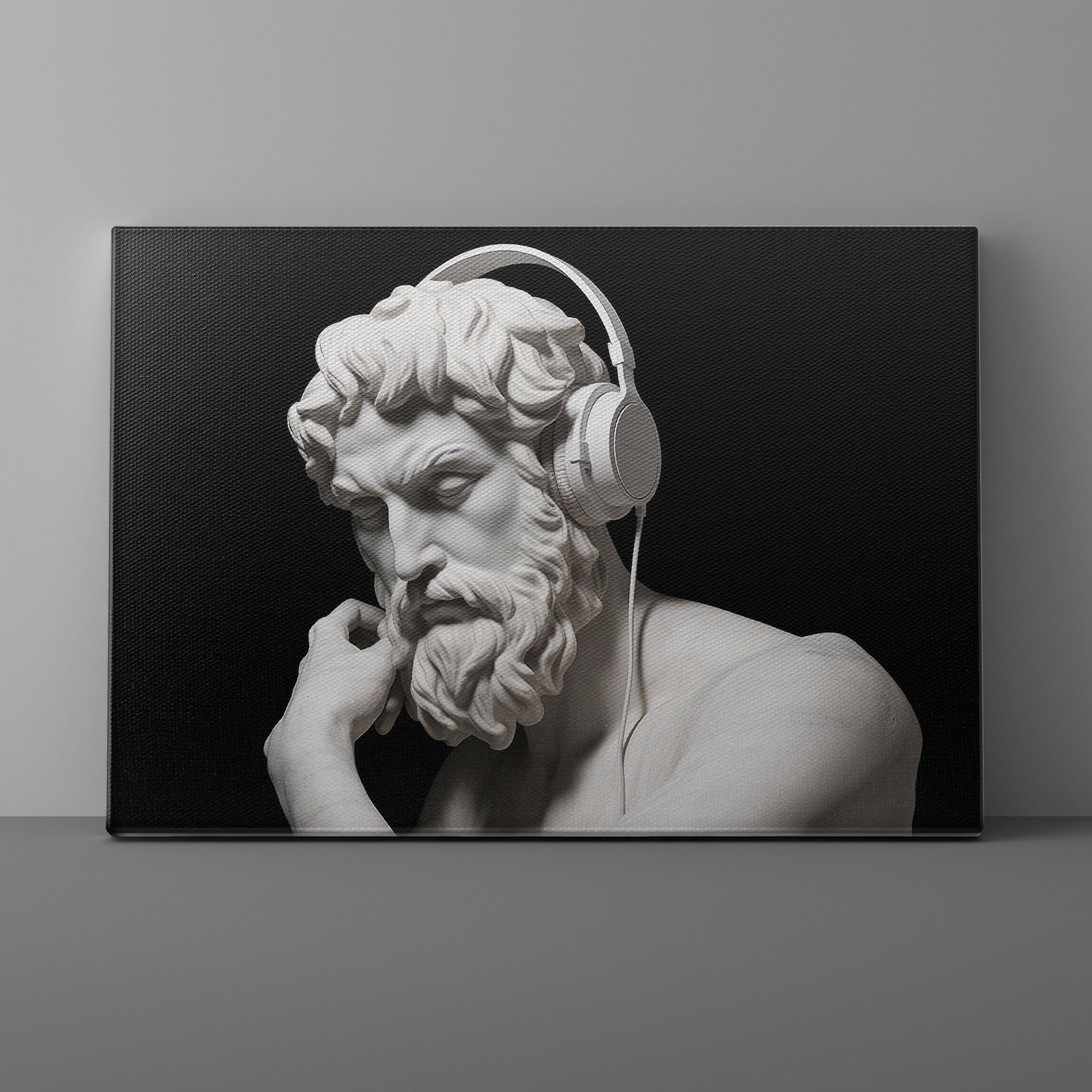 Statue of a bearded man wearing headphones on a black background