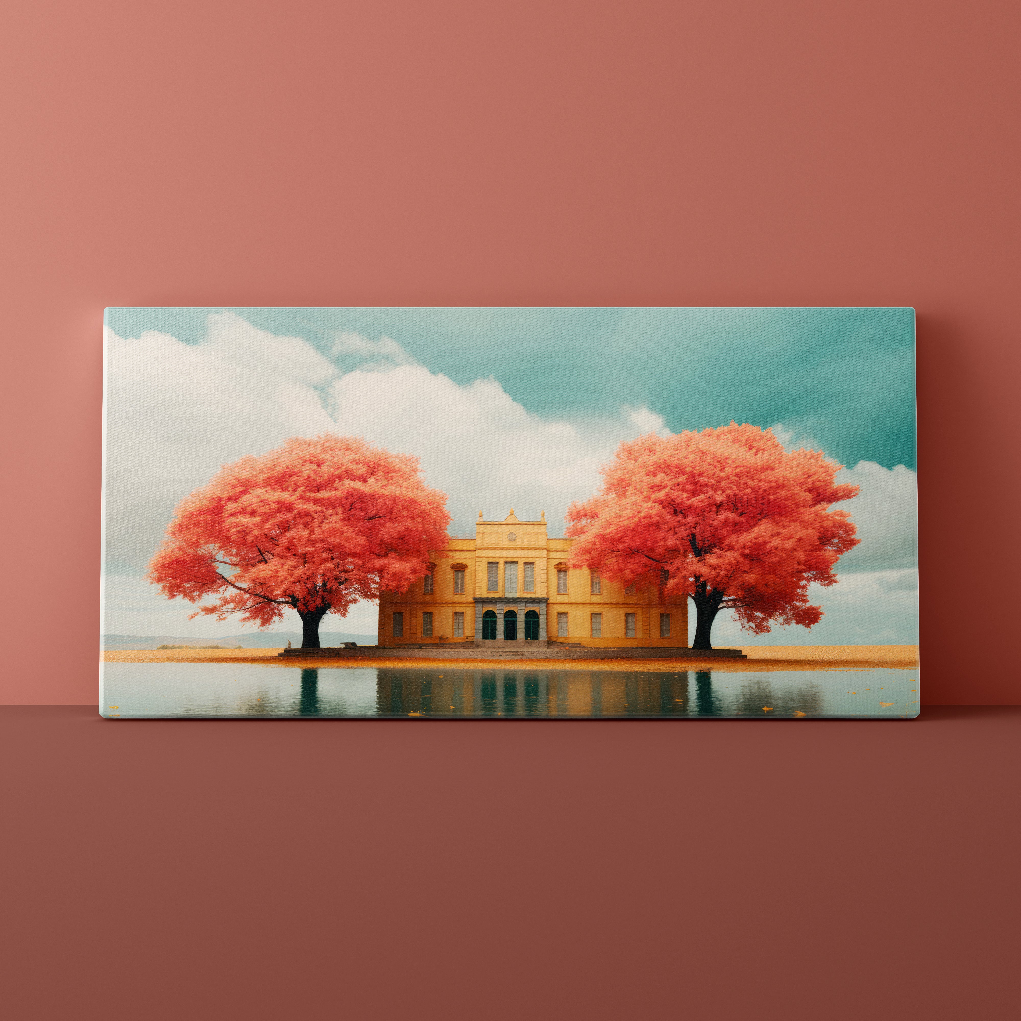 Canvas print of a scenic landscape with pink trees and a yellow building on a red wall.