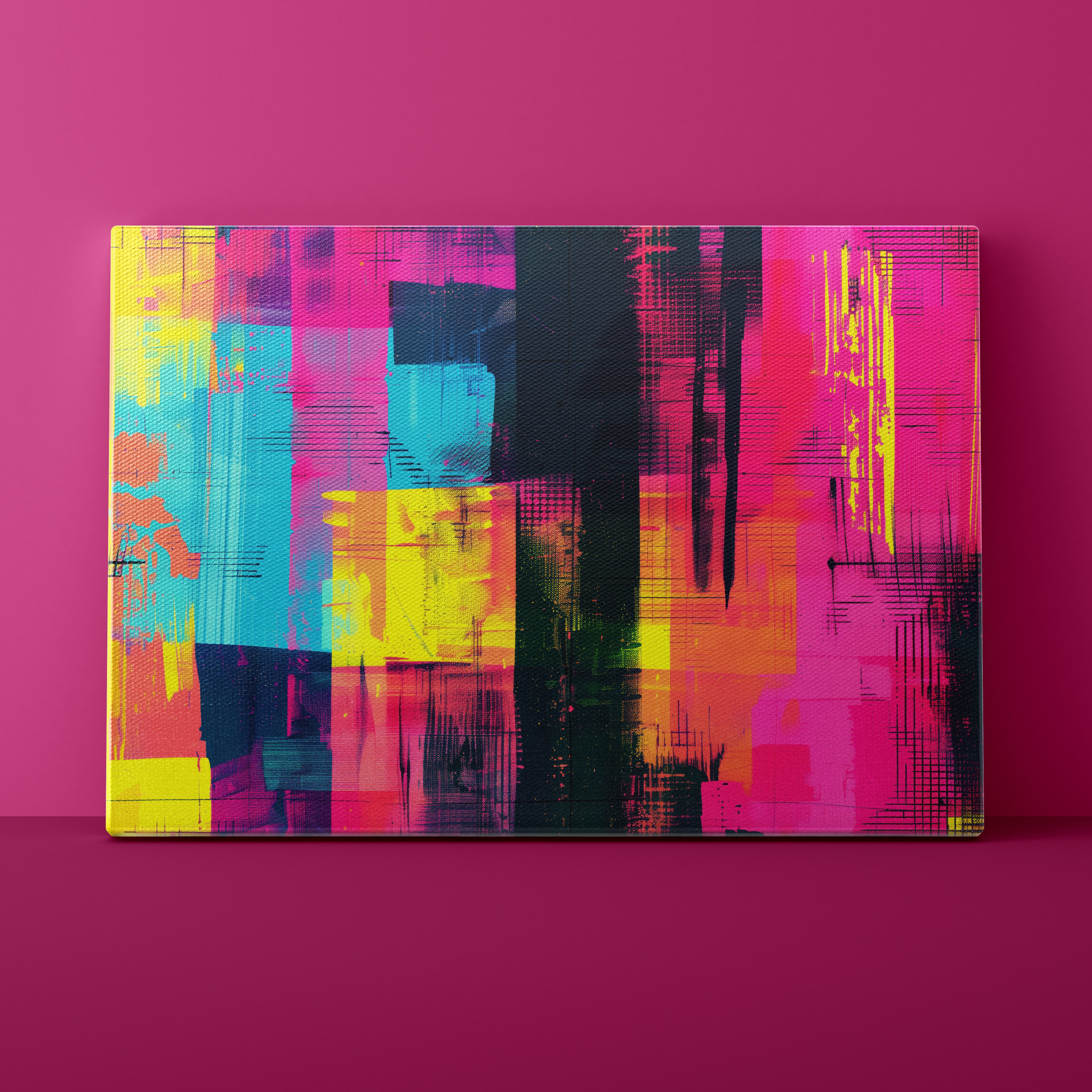 Abstract art painting with vibrant colors on a pink background