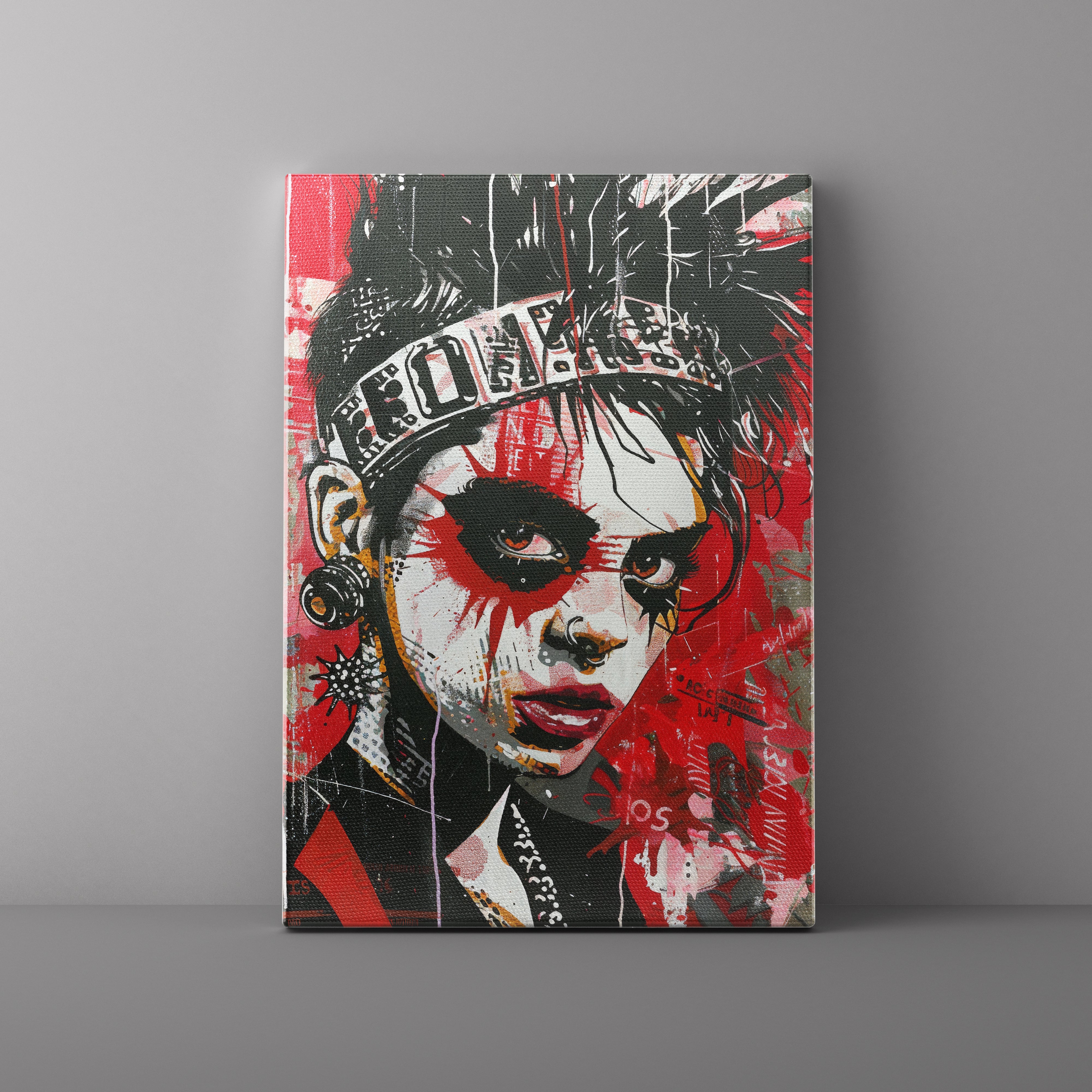 Canvas print of a stylized portrait with bold colors on a gray background