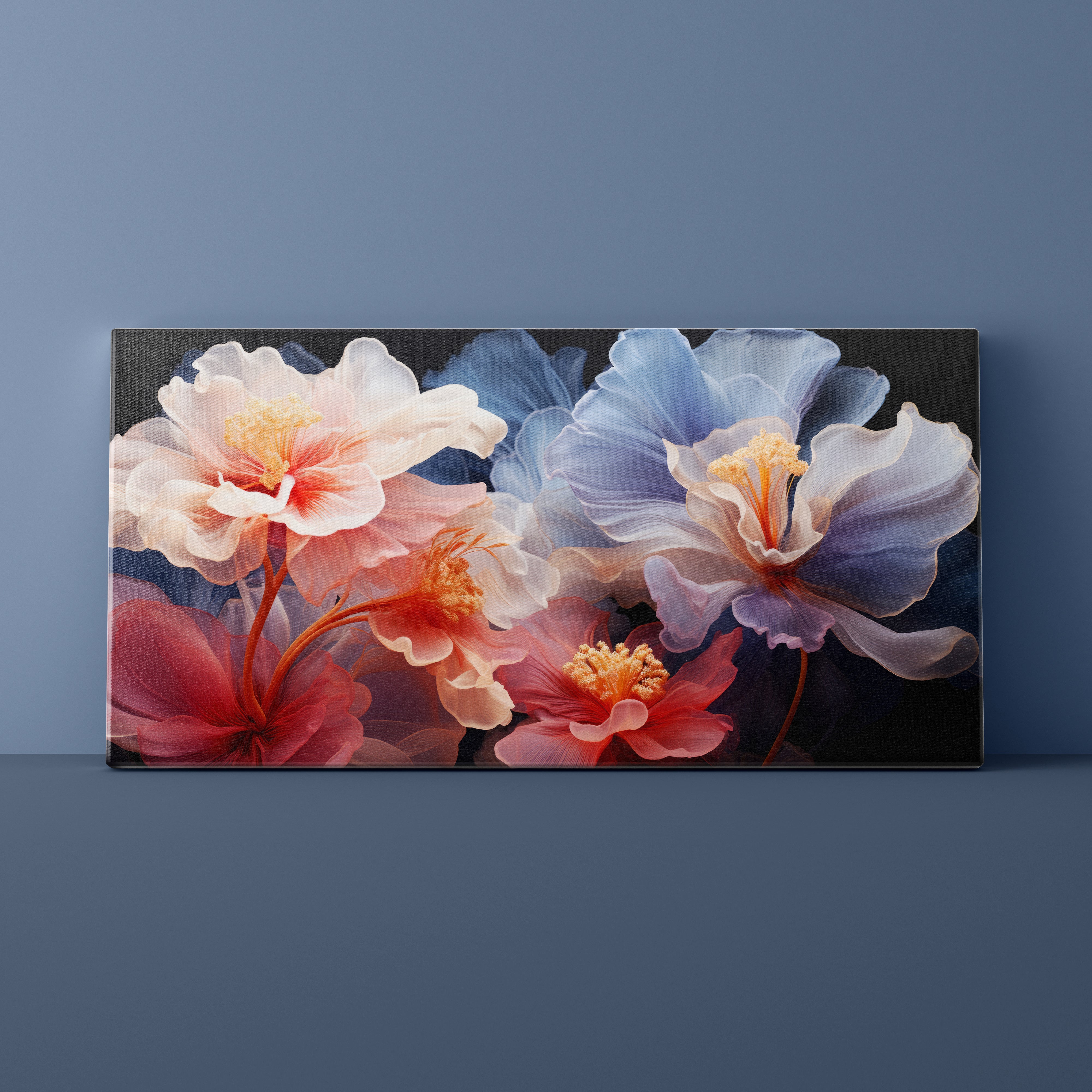 Canvas print of colorful floral design on a blue wall