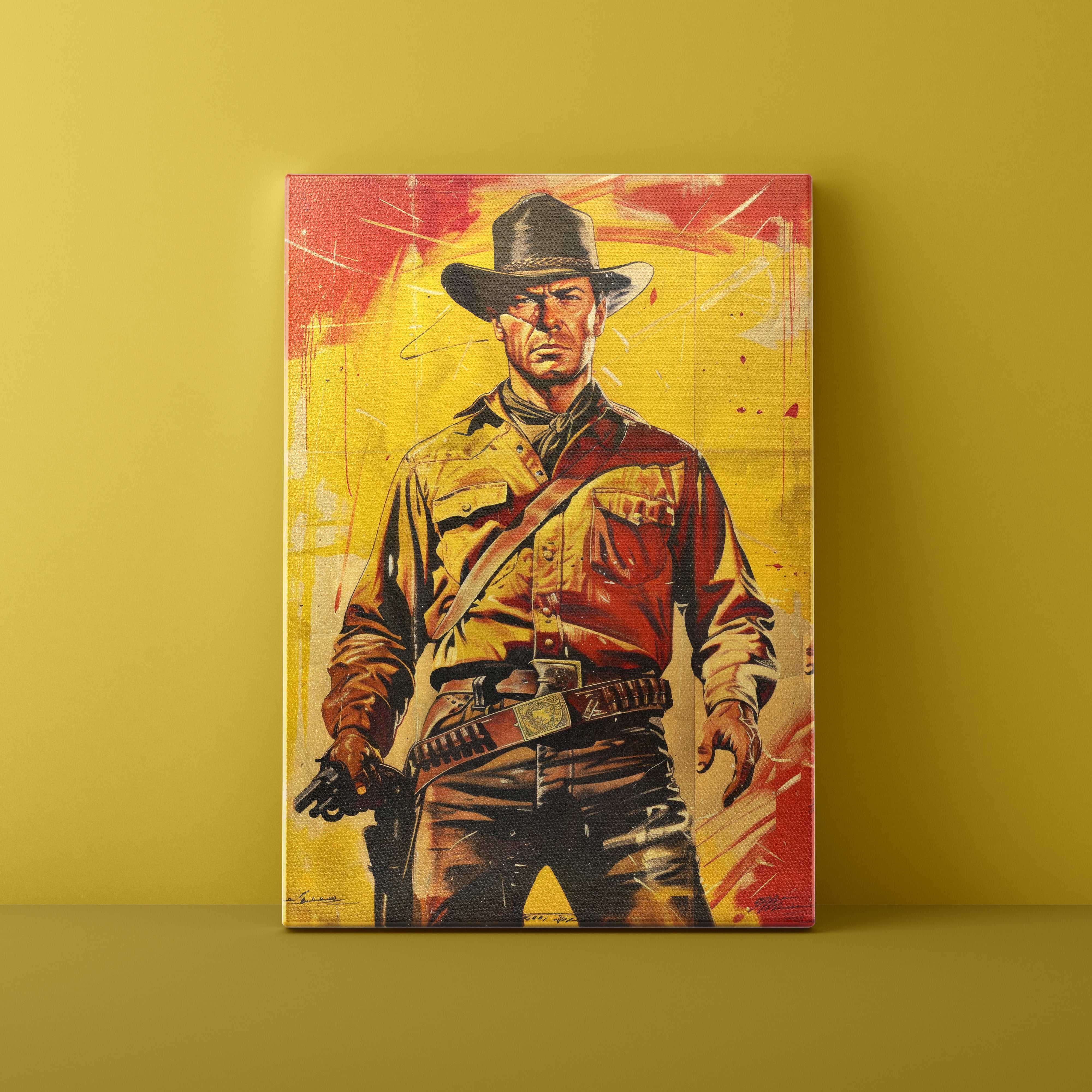 Canvas print of a cowboy on a yellow background