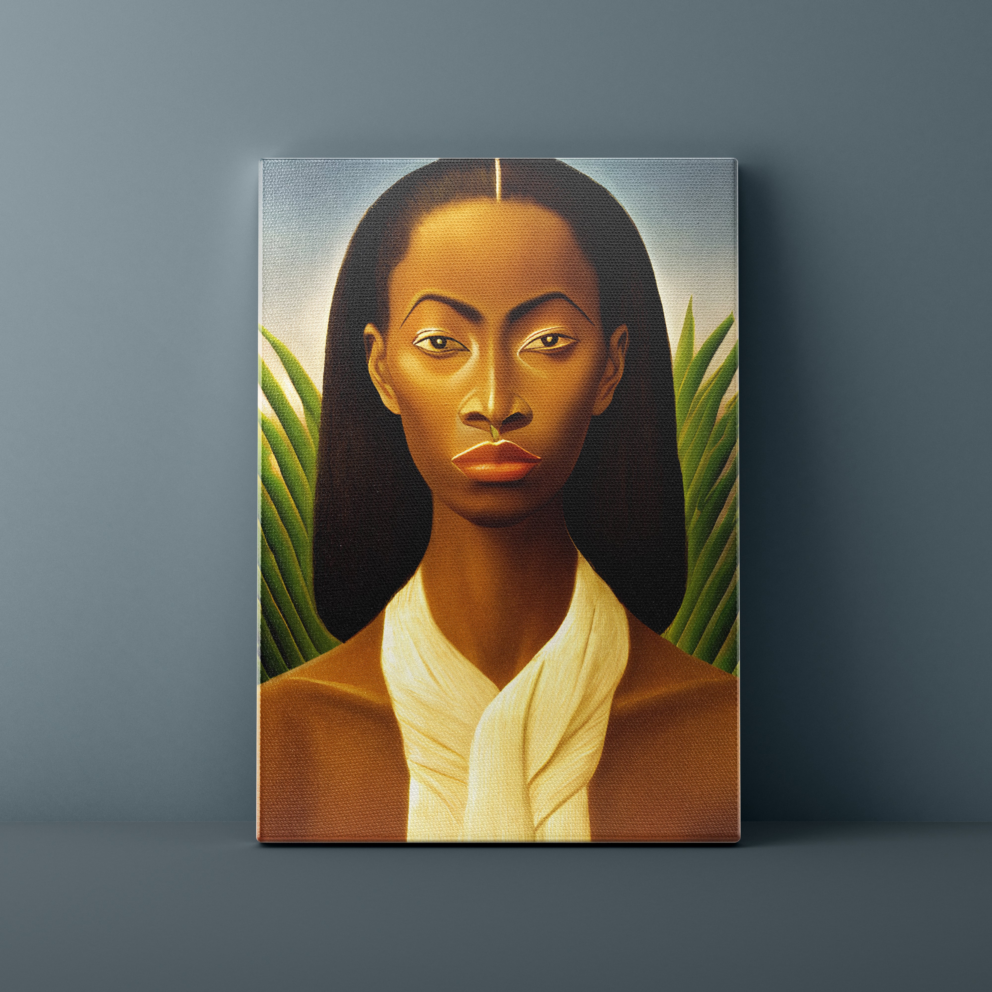 Painting of a woman with a white scarf against a dark background