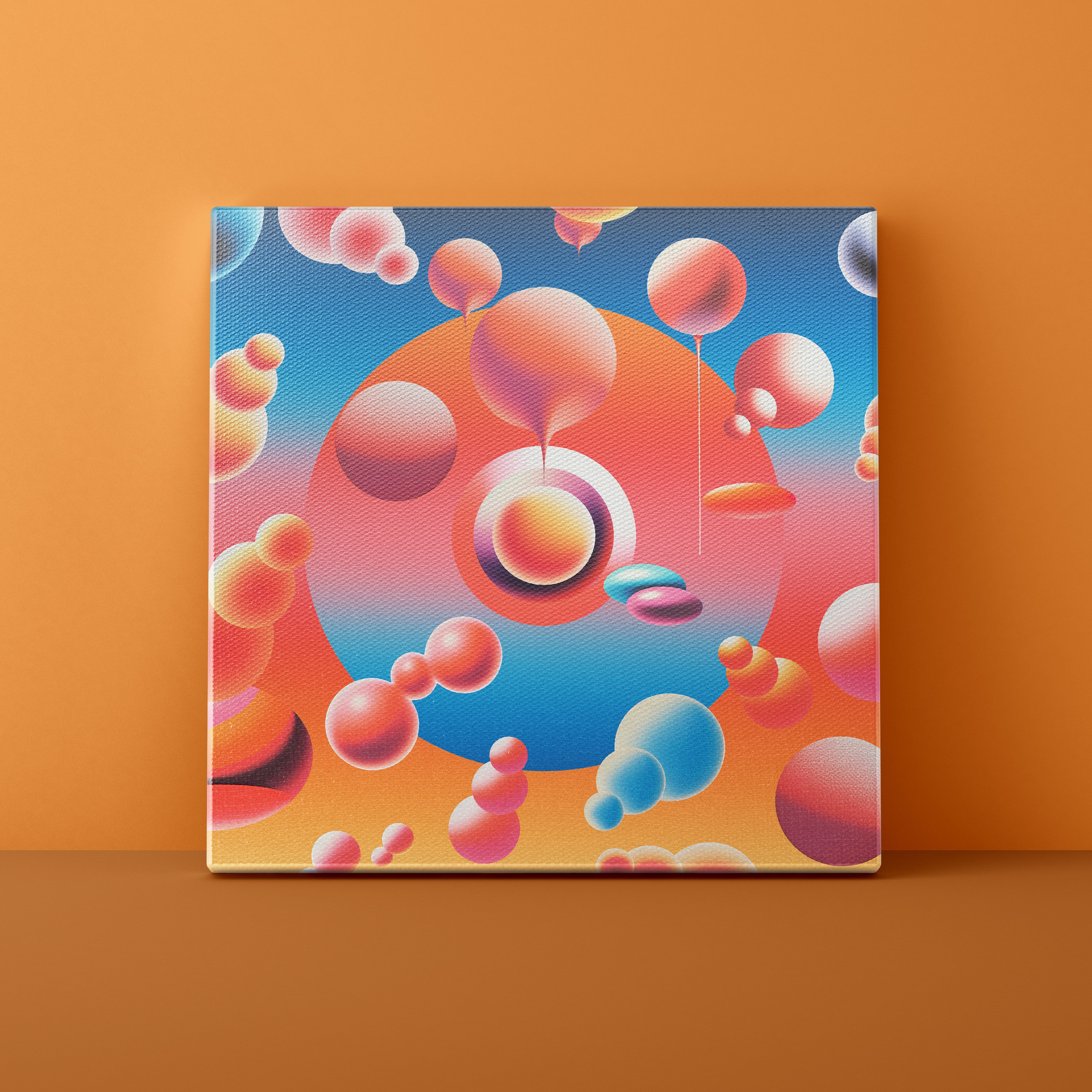 Colorful abstract art print on an orange wall