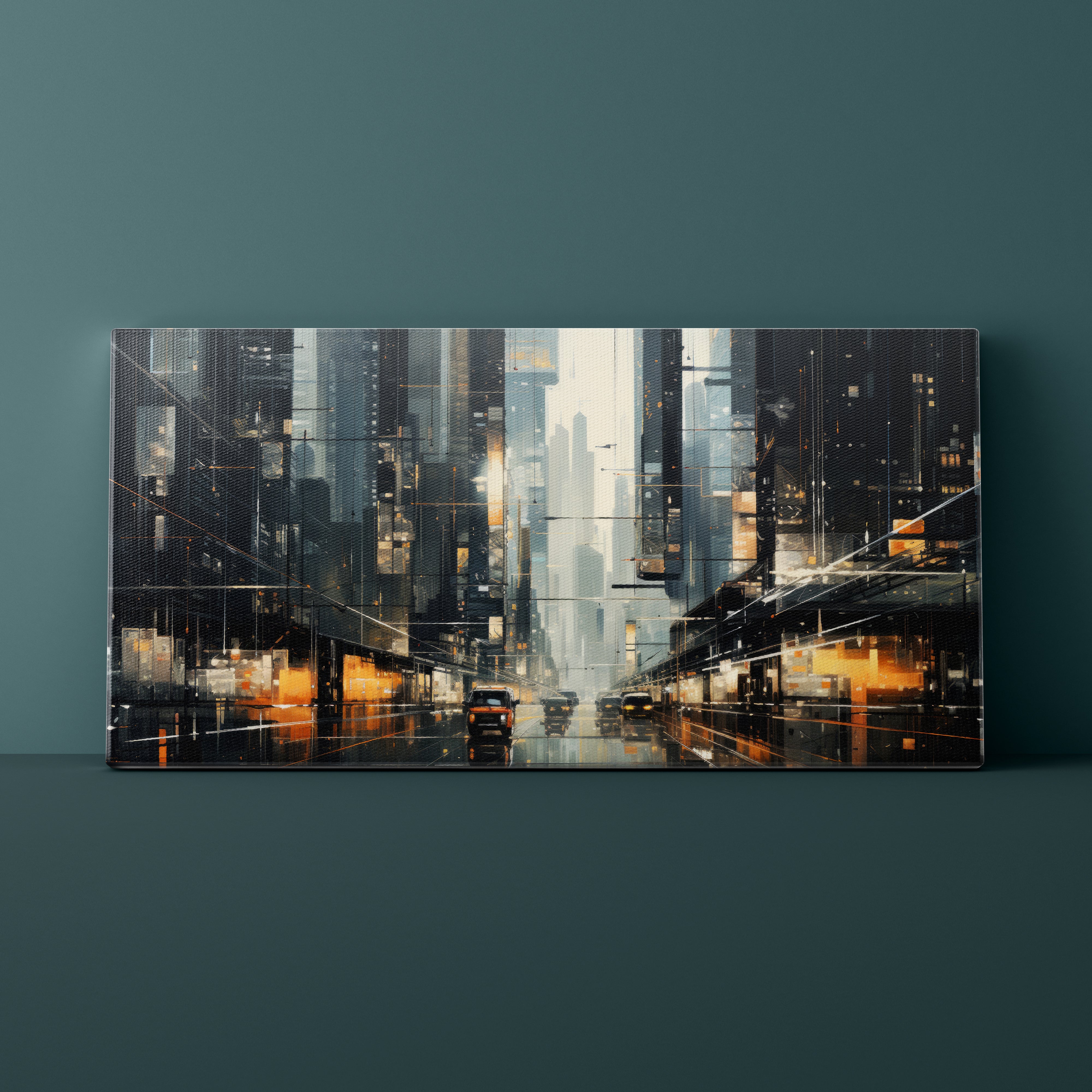 Cityscape painting on a dark green wall