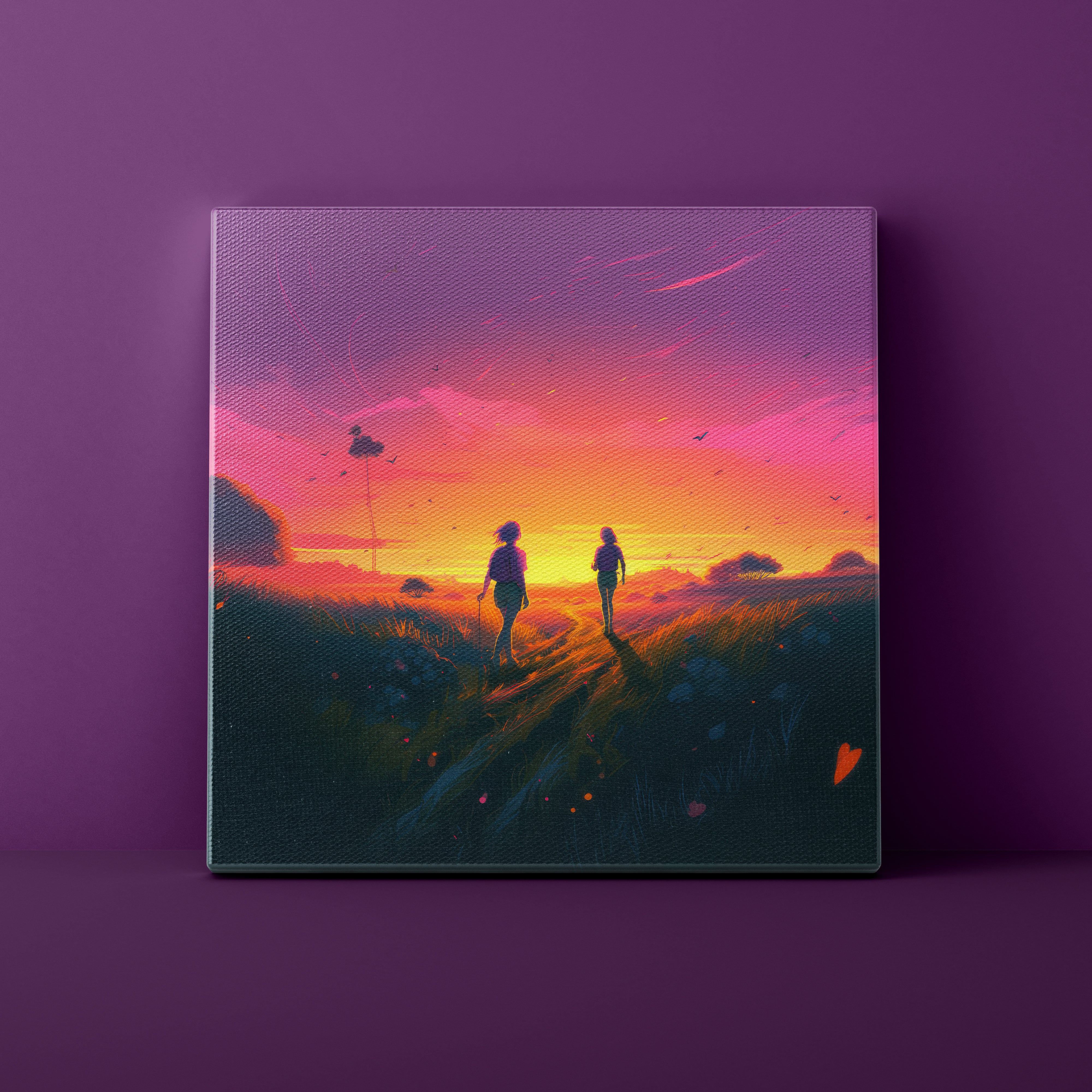 Canvas print of a sunset scene with two people walking on a path, against a purple background