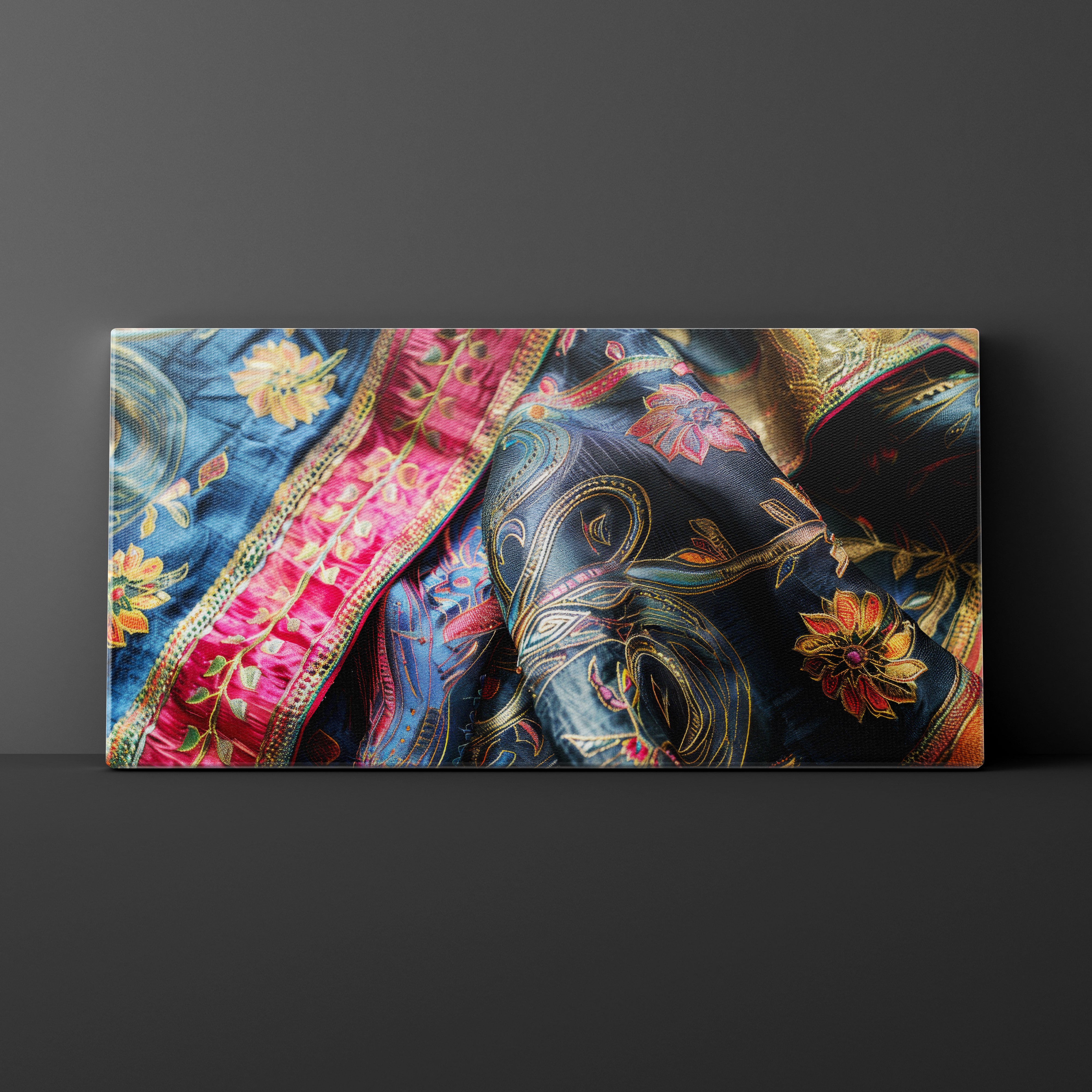 Decorative fabric with floral and paisley patterns on a dark background