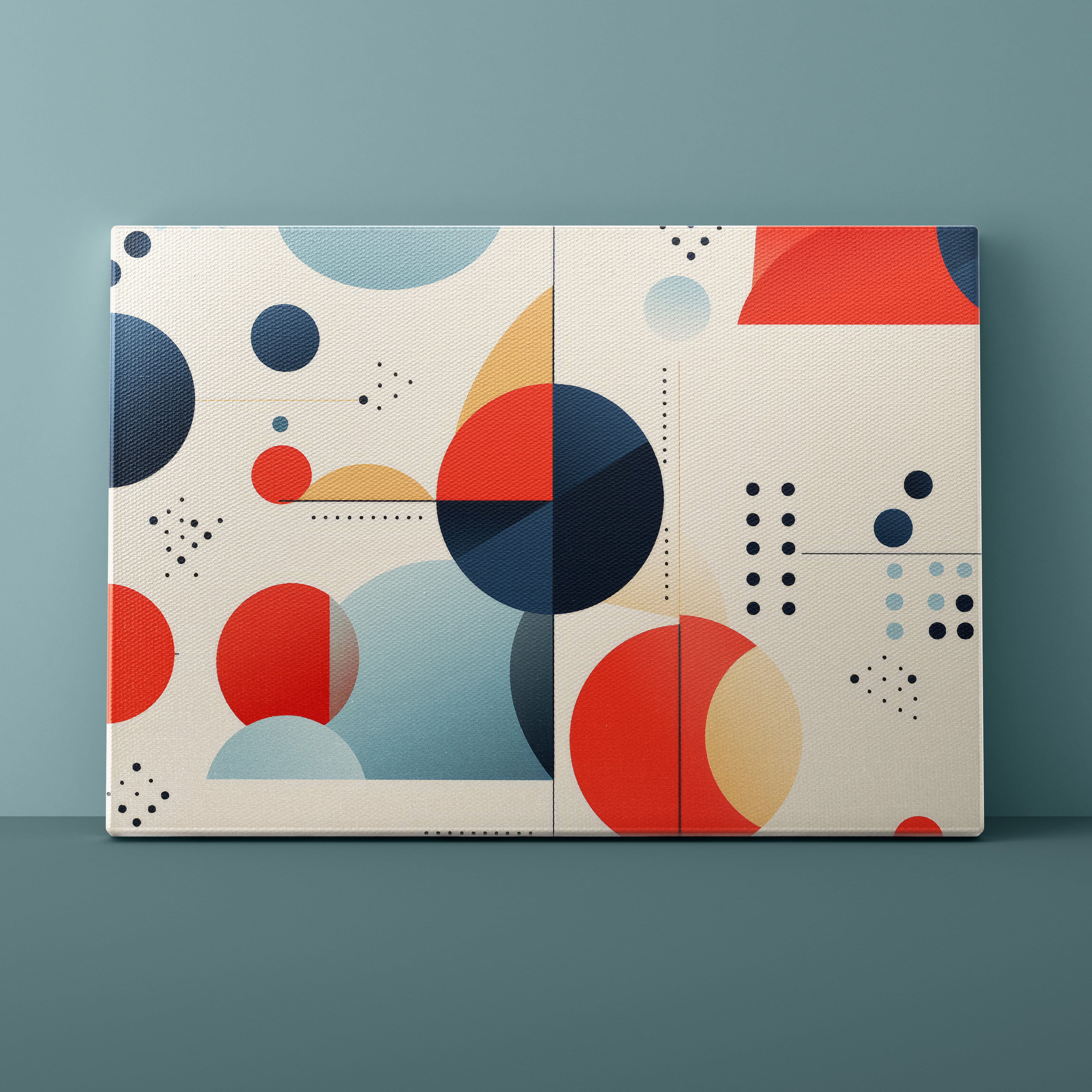 Colorful geometric patterned wall art on a blue background