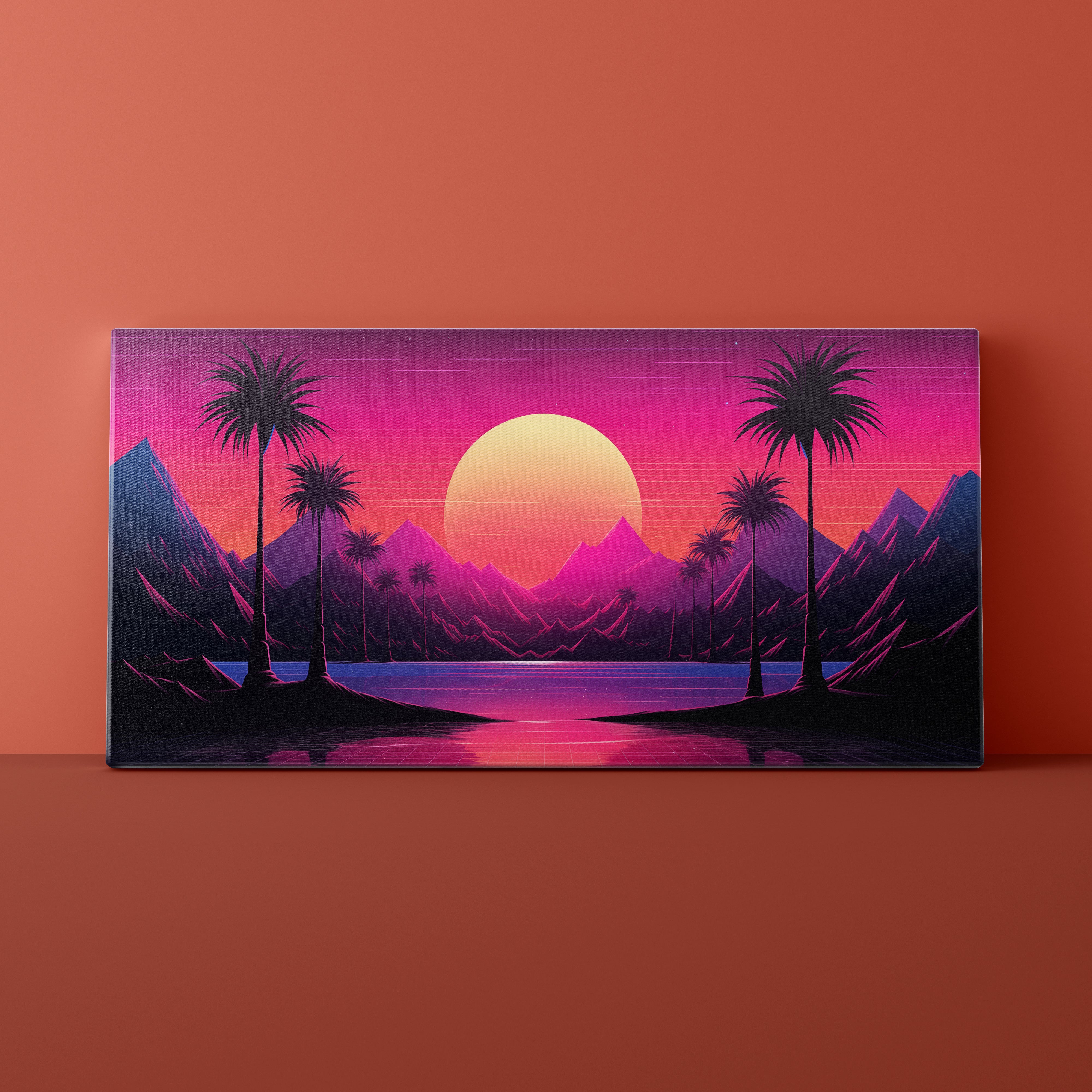 Canvas print of a stylized sunset with palm trees and mountains on an orange background