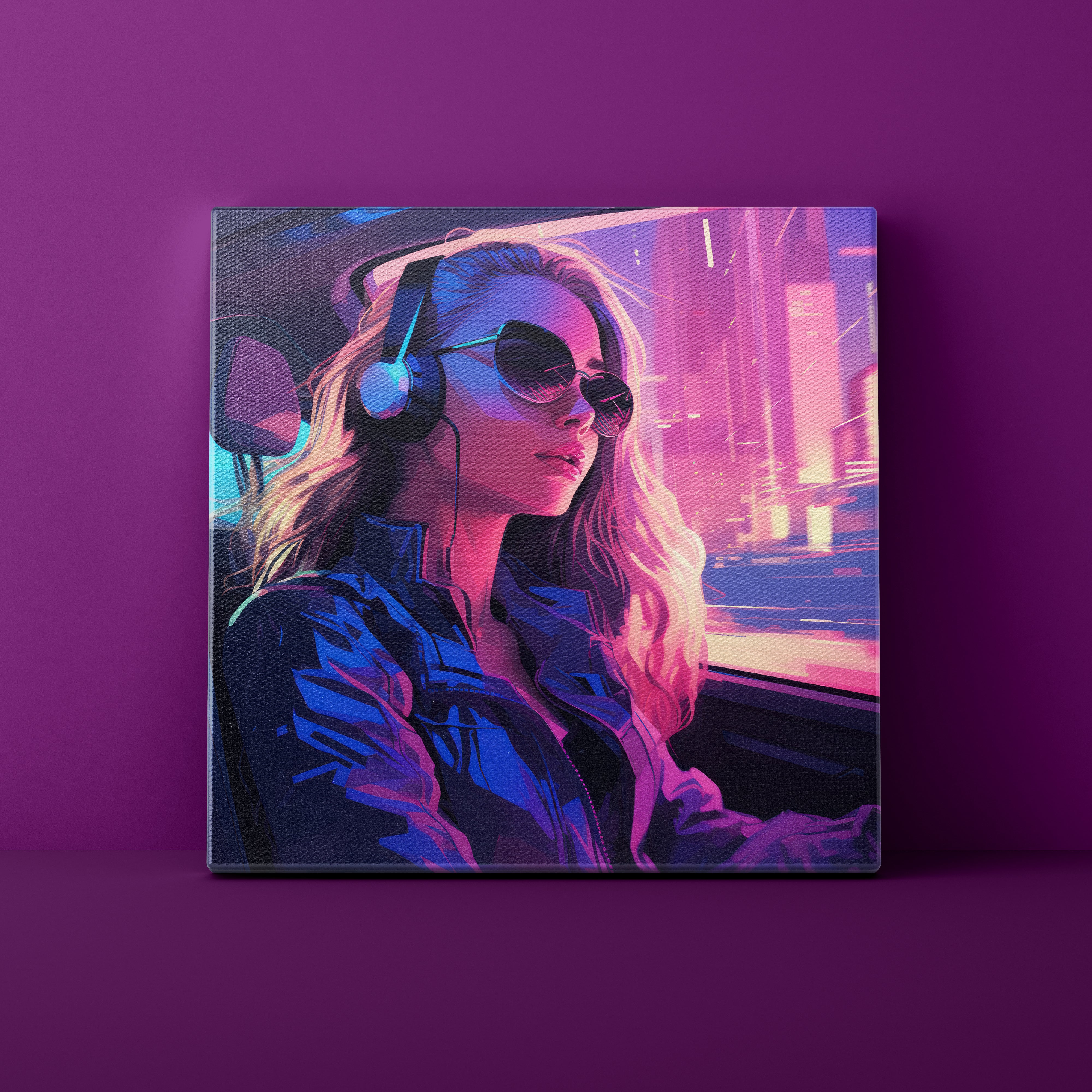 Futuristic woman with headphones and sunglasses in a neon-lit cityscape