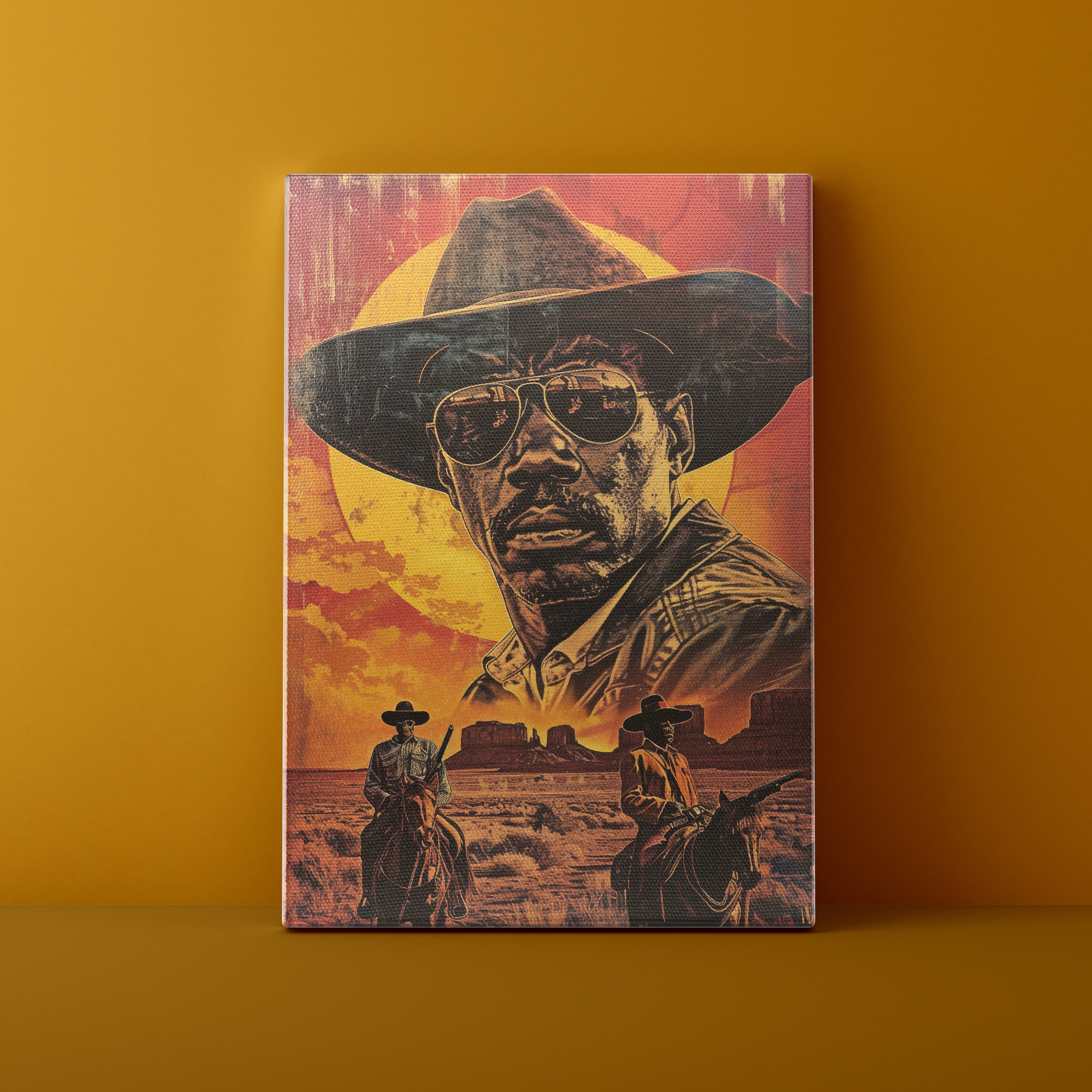 Canvas print with a cowboy design on an orange background