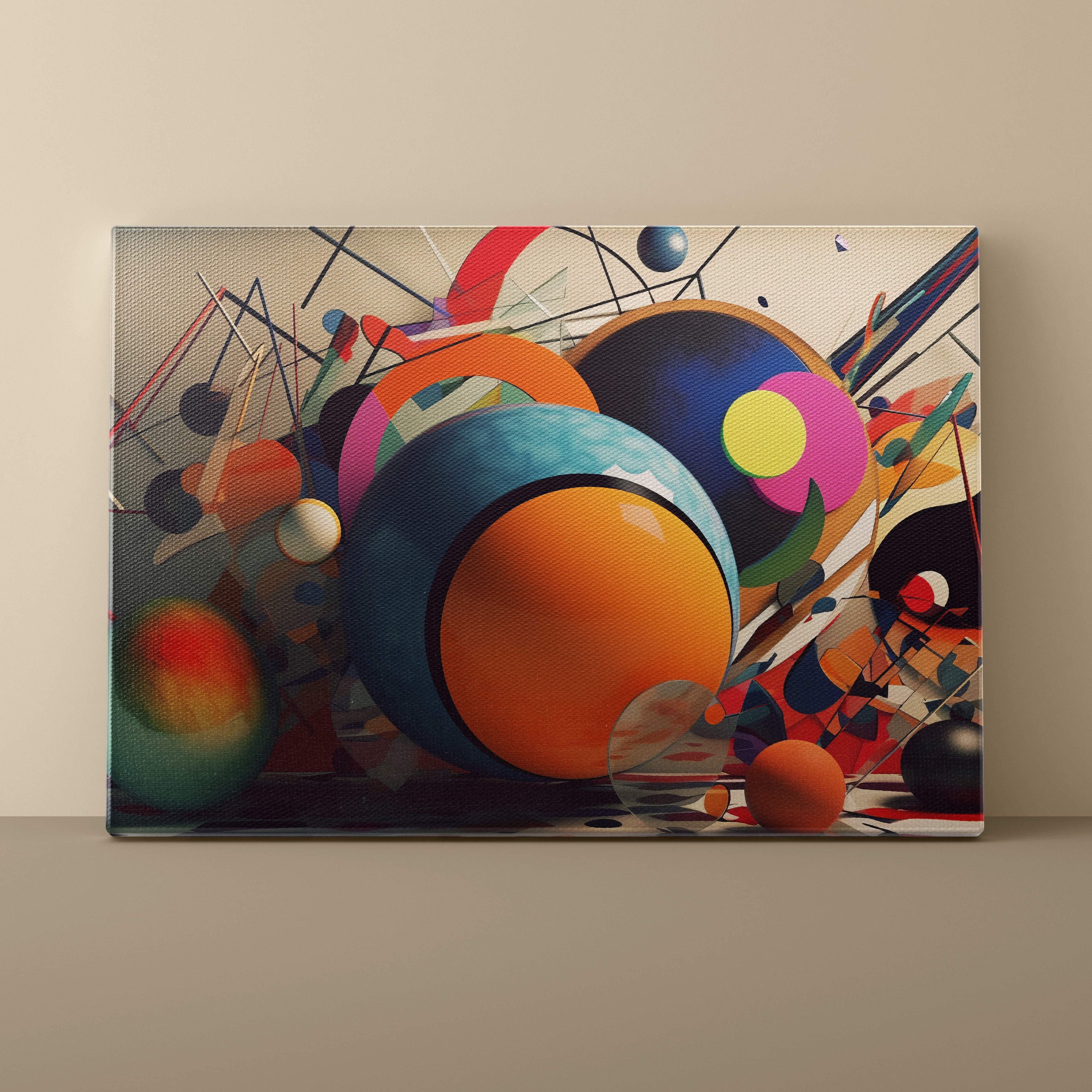 Abstract art piece with colorful geometric shapes on a beige wall.