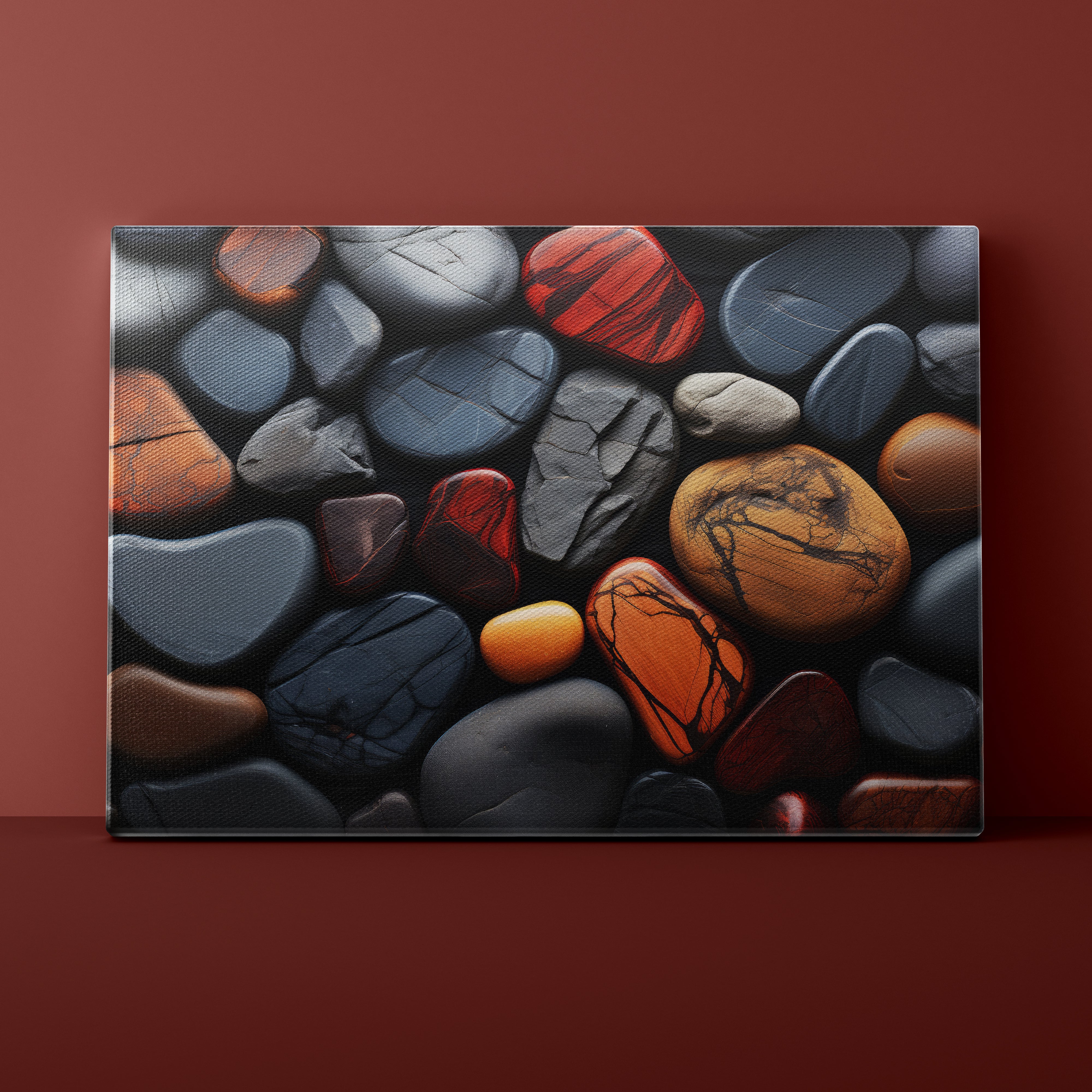 Canvas print of multicolored pebbles on a red background