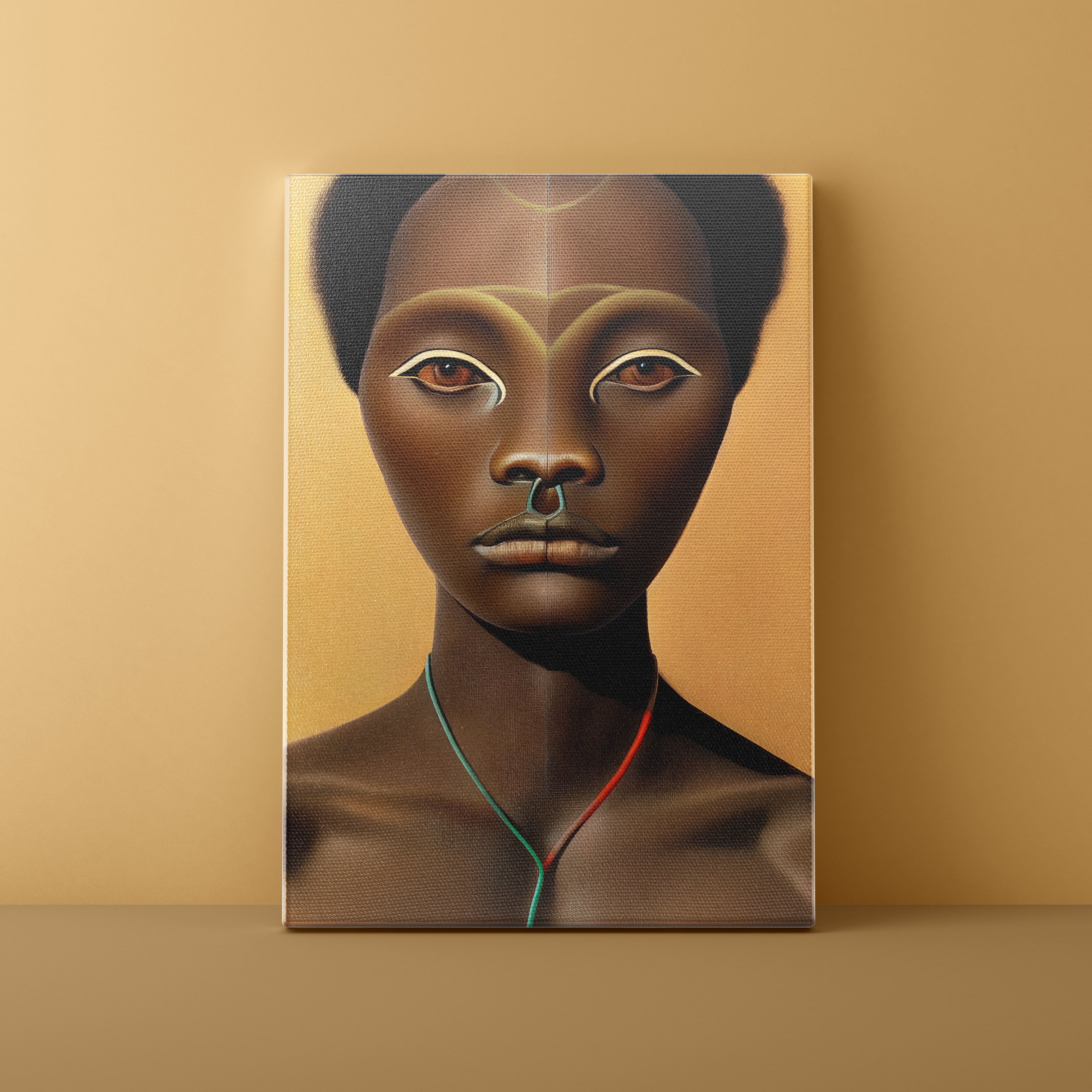 Canvas print of a stylized portrait on a beige wall