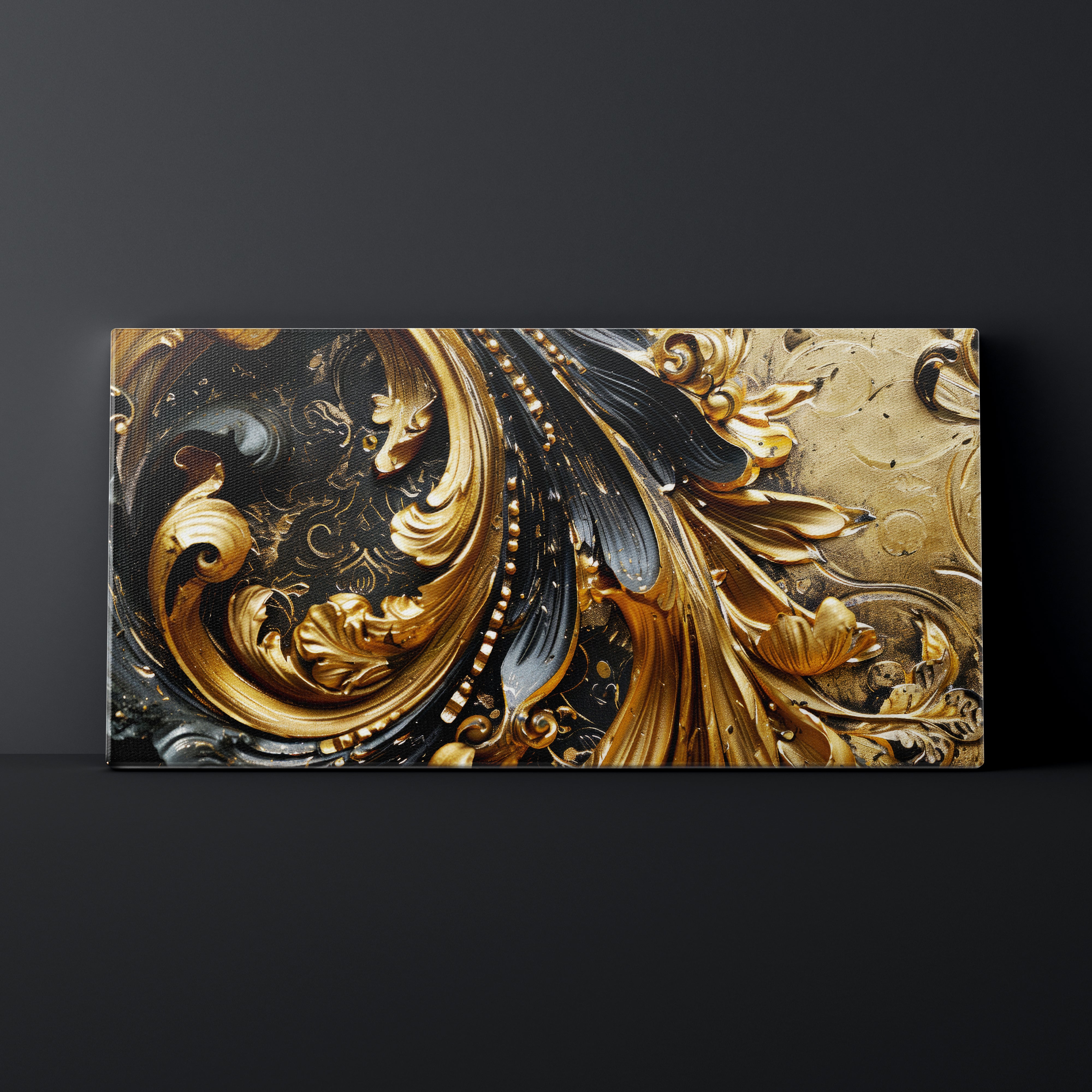 Decorative panel with gold and black intricate design on a dark background