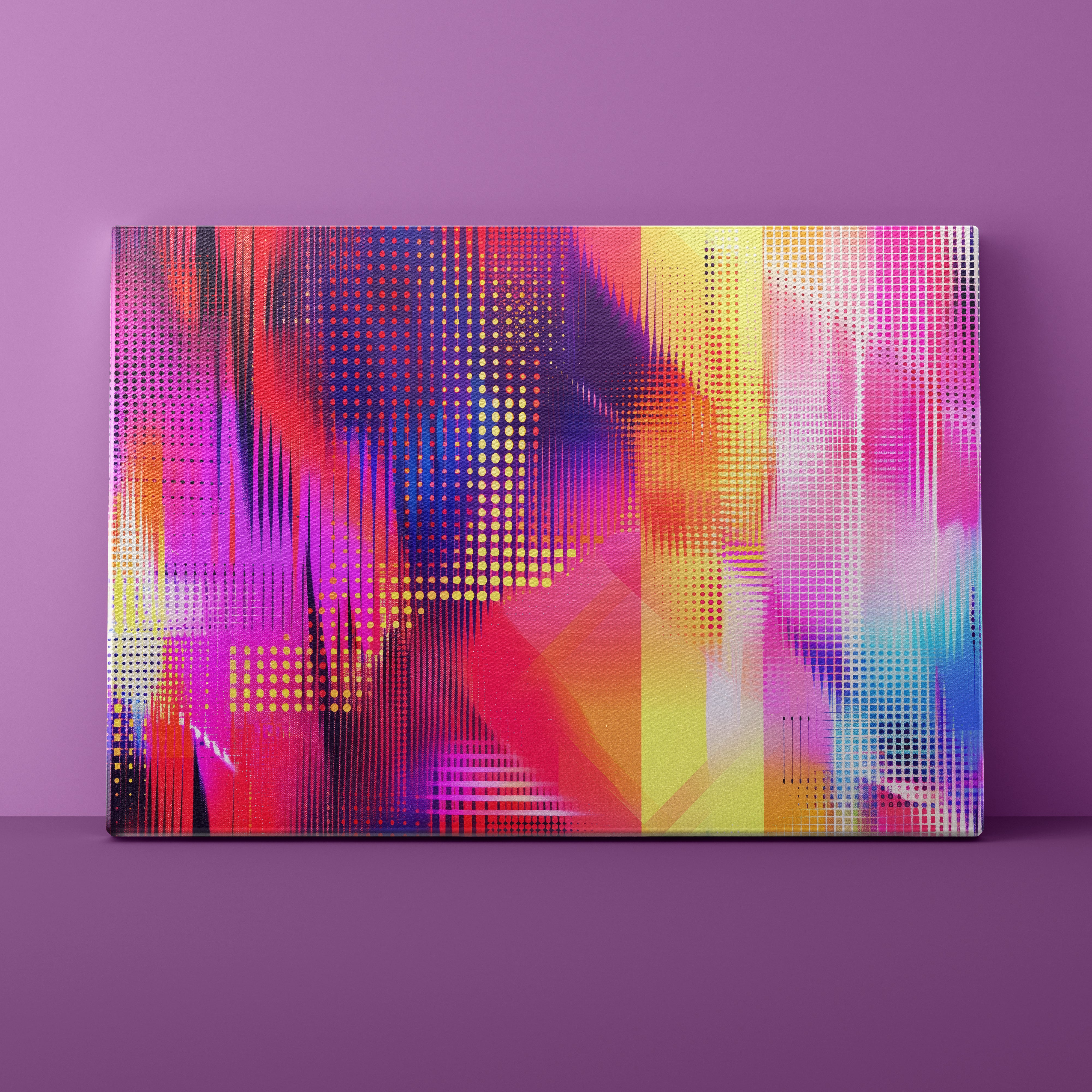 Colorful abstract art piece on a purple wall